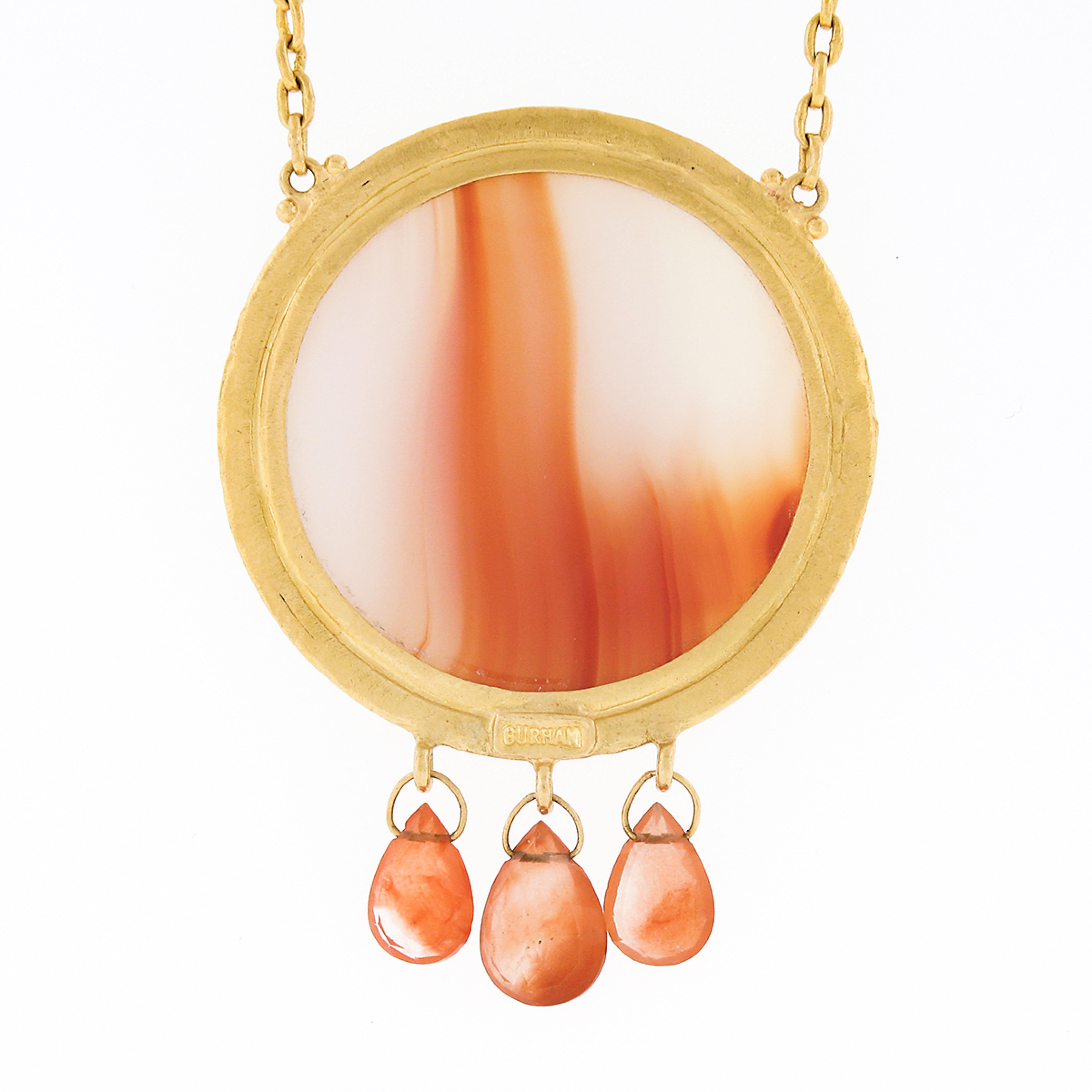 Women's Gurhan 24k Gold Orange White Banded Cabochon Agate Faceted Dangle Pendant Chain For Sale