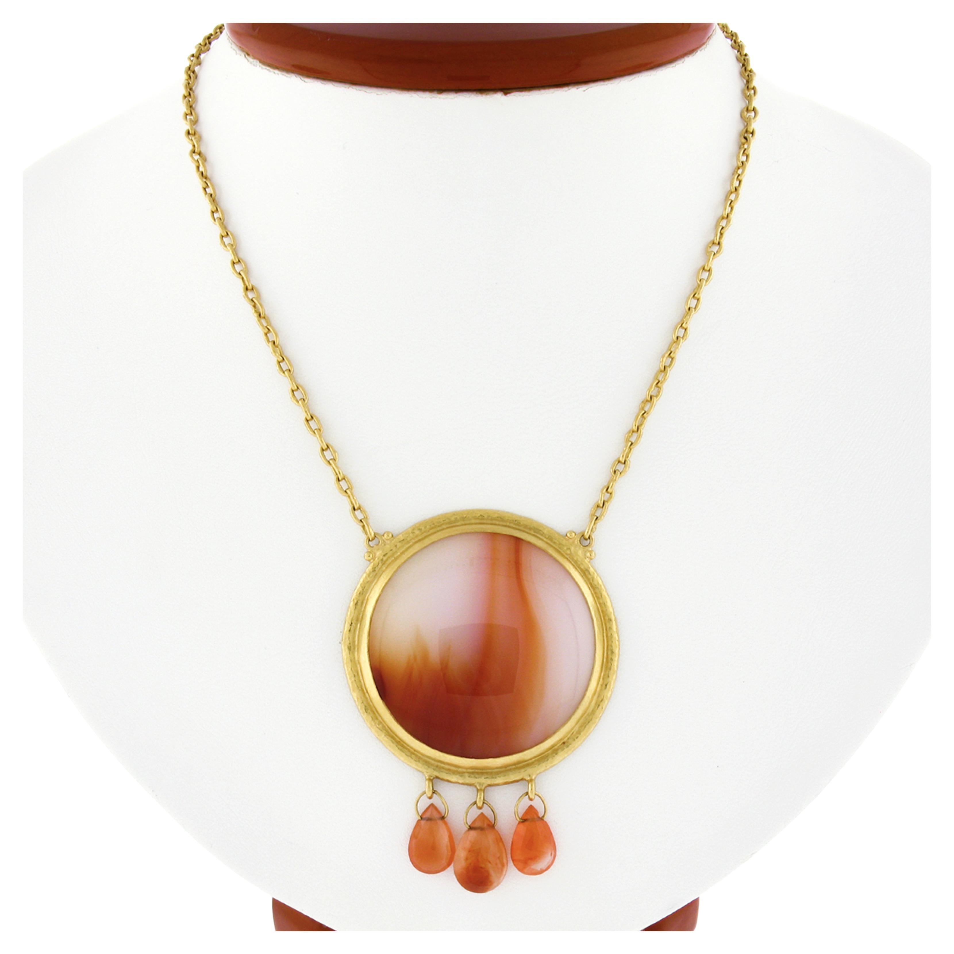 Gurhan 24k Gold Orange White Banded Cabochon Agate Faceted Dangle Pendant Chain