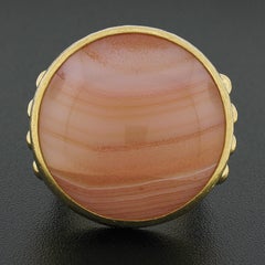 Gurhan 24k Gold Round Cabochon Orange White Banded Agate Hand Hammered Ring