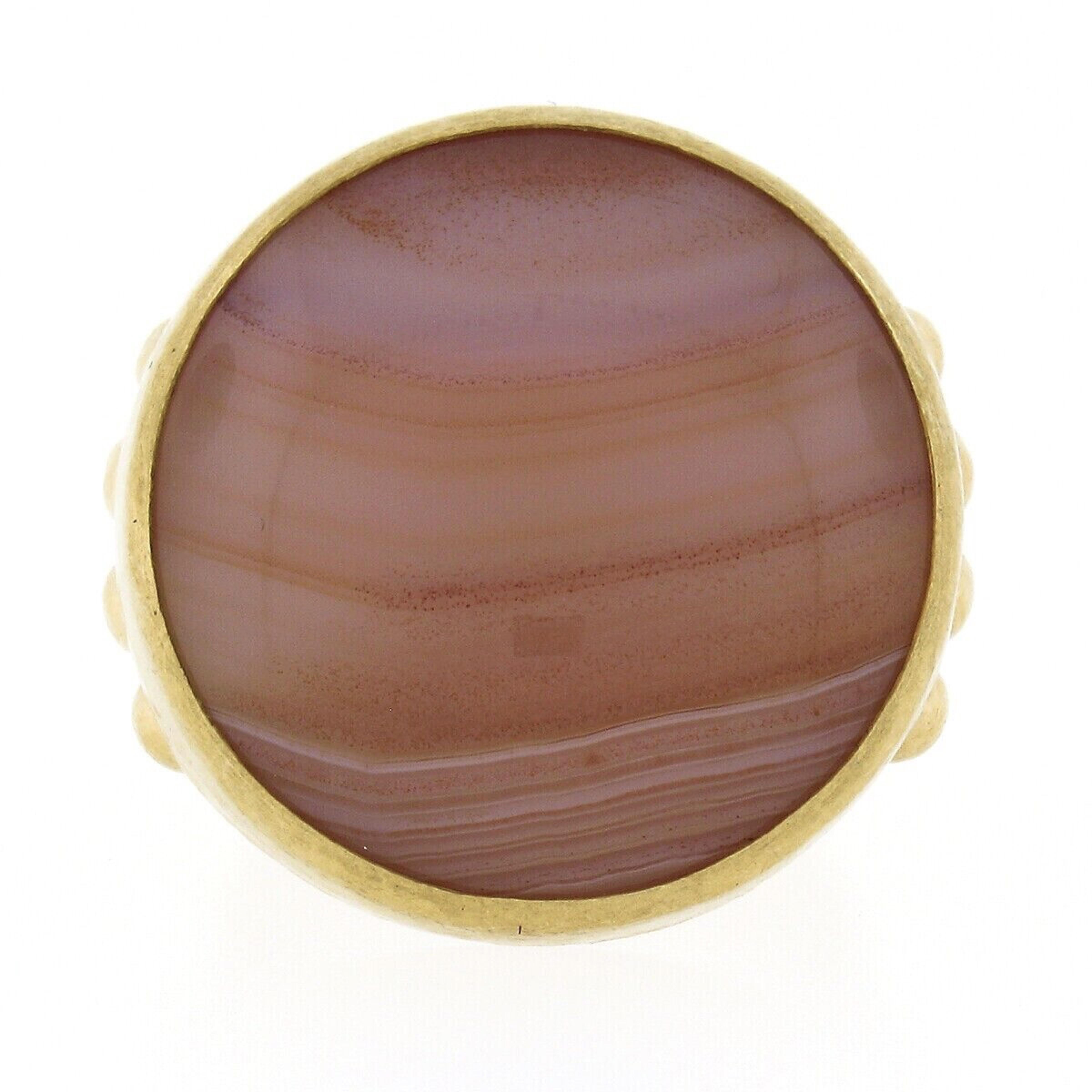 Round Cut Gurhan 24k Gold Round Cabochon Orange White Banded Agate Hand Hammered Ring For Sale