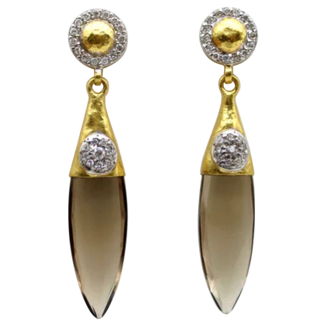 Gurhan Boucles d'oreilles en goutte en or 24 carats et quartz fumé avec diamants en vente