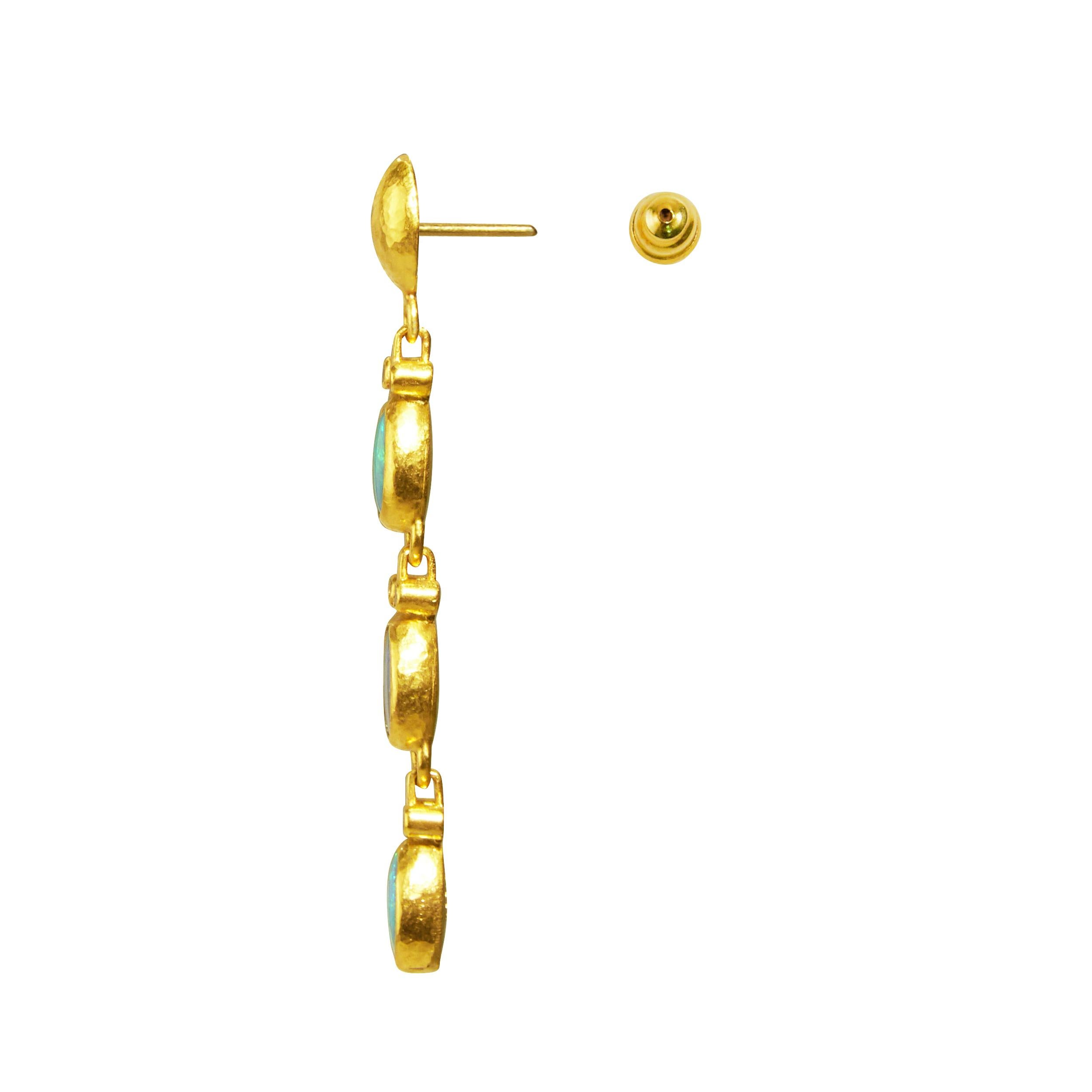 Contemporary GURHAN 24 Karat Hammered Yellow Gold Opal and Diamond Triple Drop Earrings