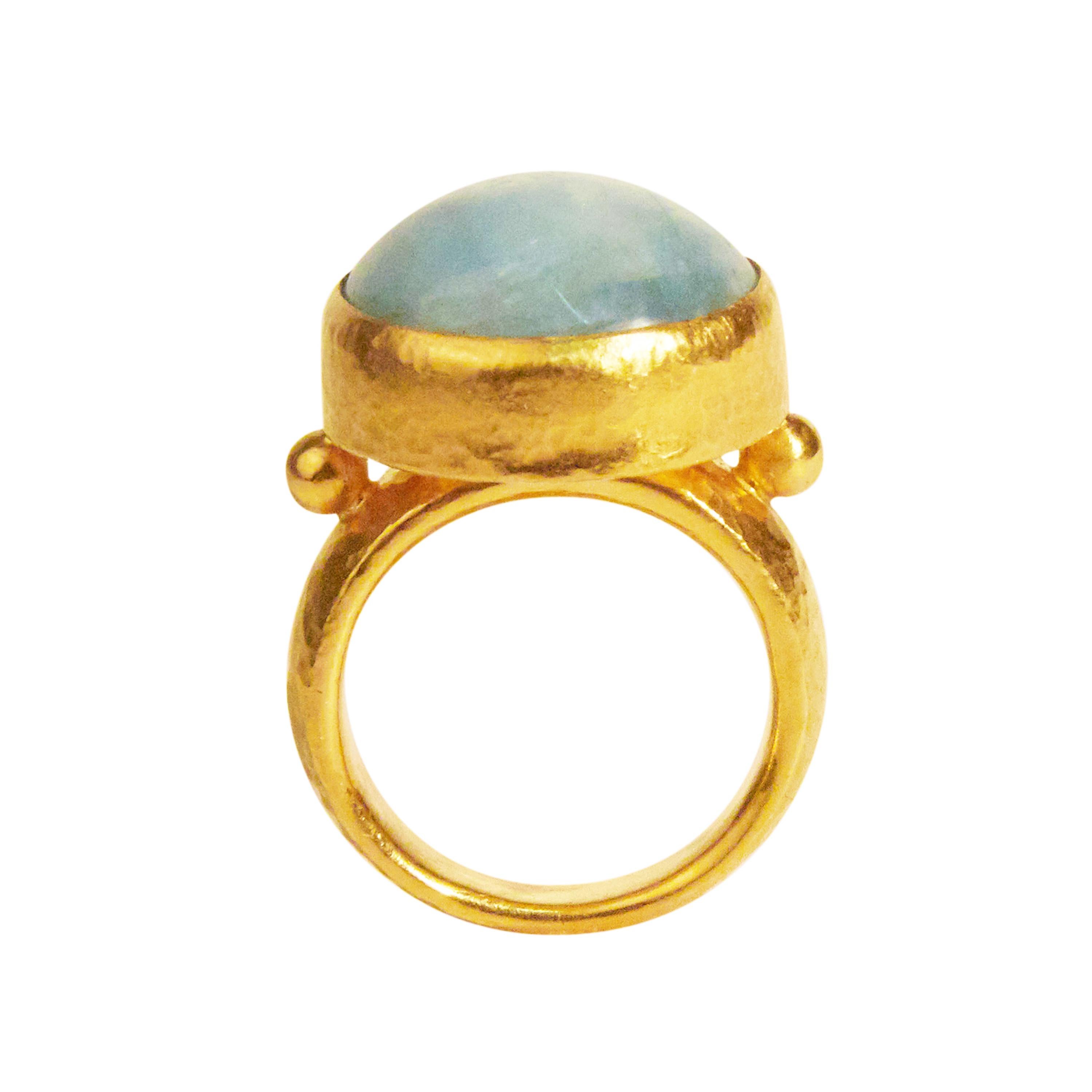 Contemporary GURHAN 24 Karat Hammered Yellow Gold Cabochon Aquamarine Cocktail Ring For Sale