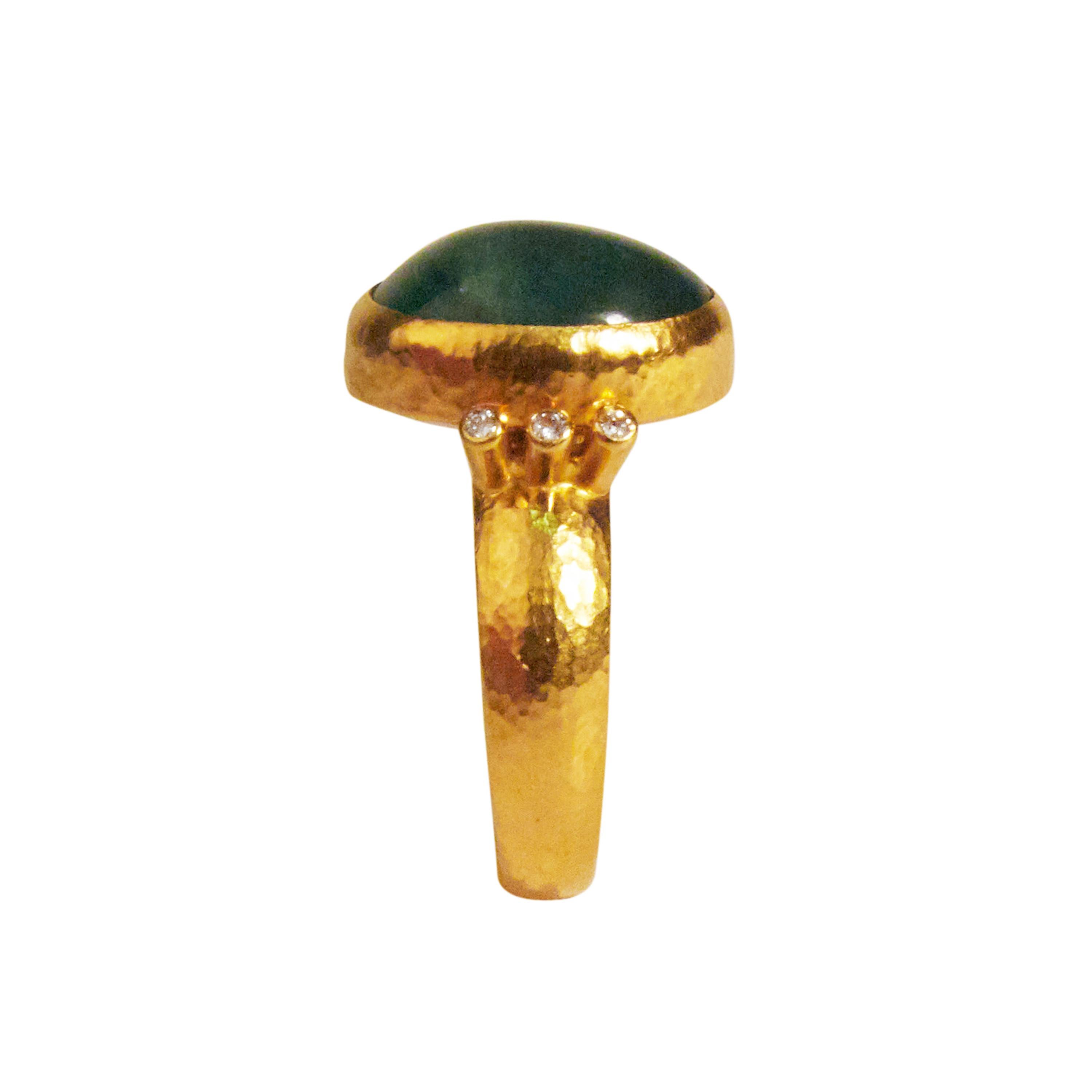 Contemporary GURHAN 24 Karat Hammered Yellow Gold Cabochon Emerald and Diamond Cocktail Ring For Sale