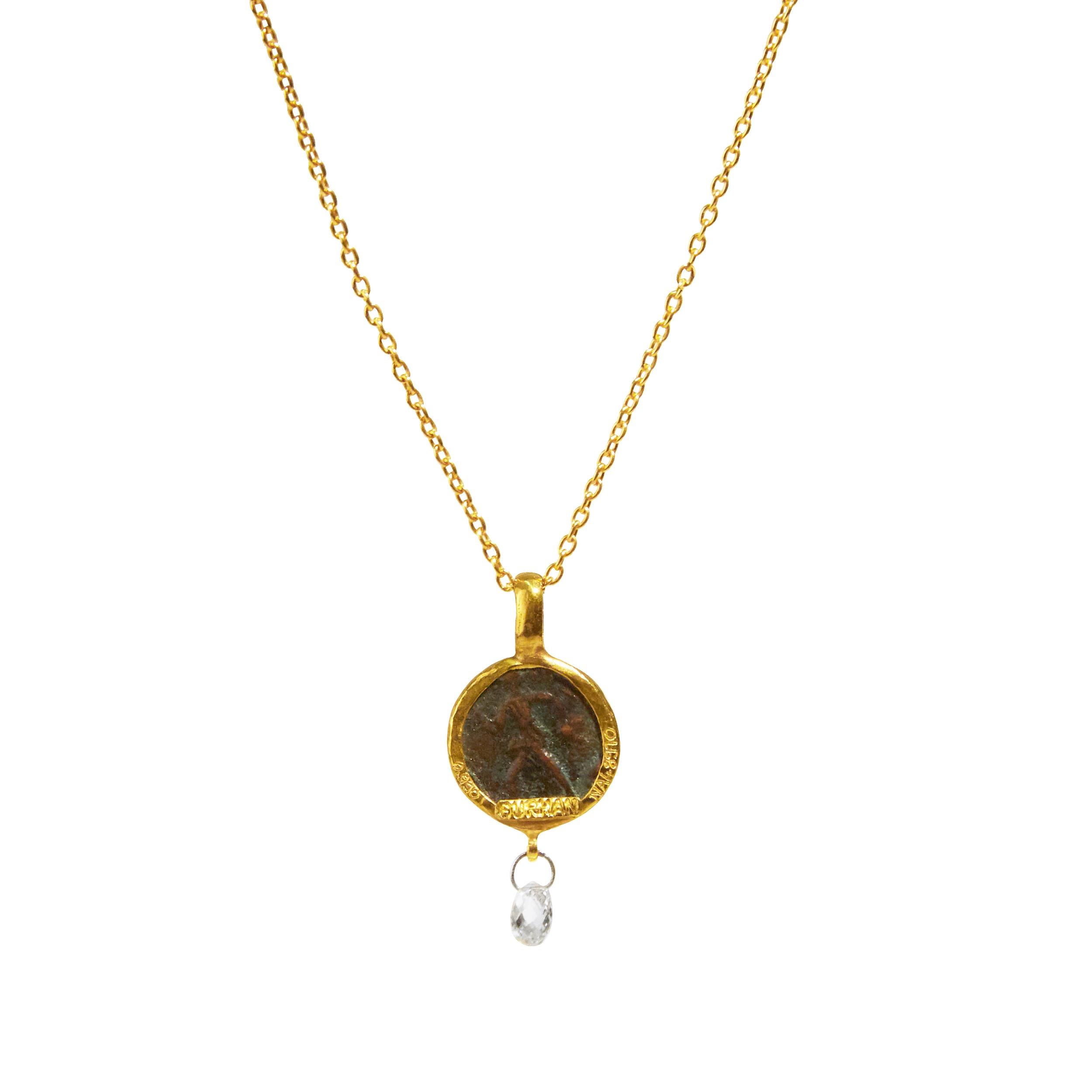 GURHAN one-of-a-kind pendant necklace in 24 Karat hammered yellow gold featuring a 10mm roman coin and white diamond briolette, 0.22cts. 16-18