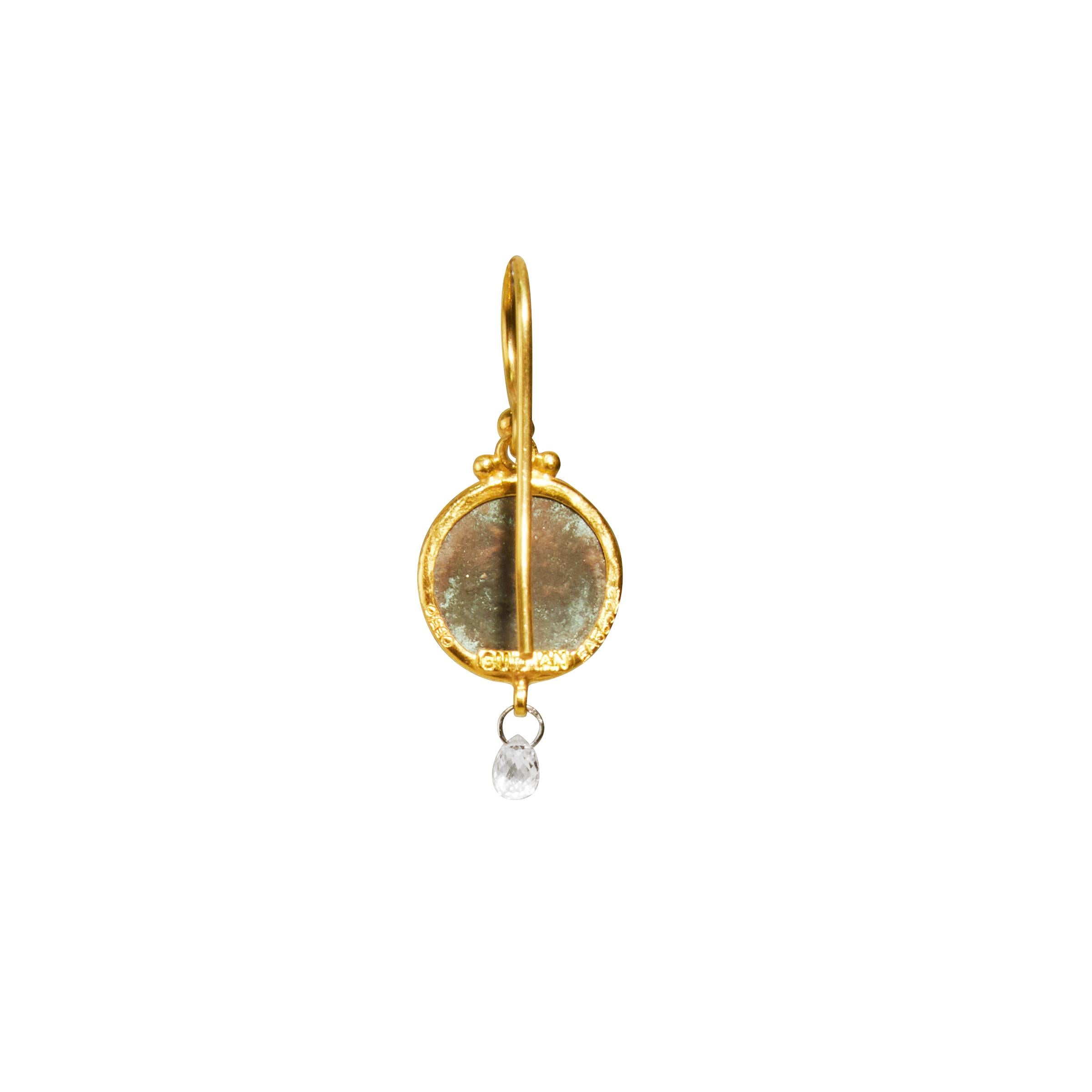 Contemporary Gurhan 24 Karat Hammered Yellow Gold Roman Coin and Diamond Brio Drop Earrings For Sale