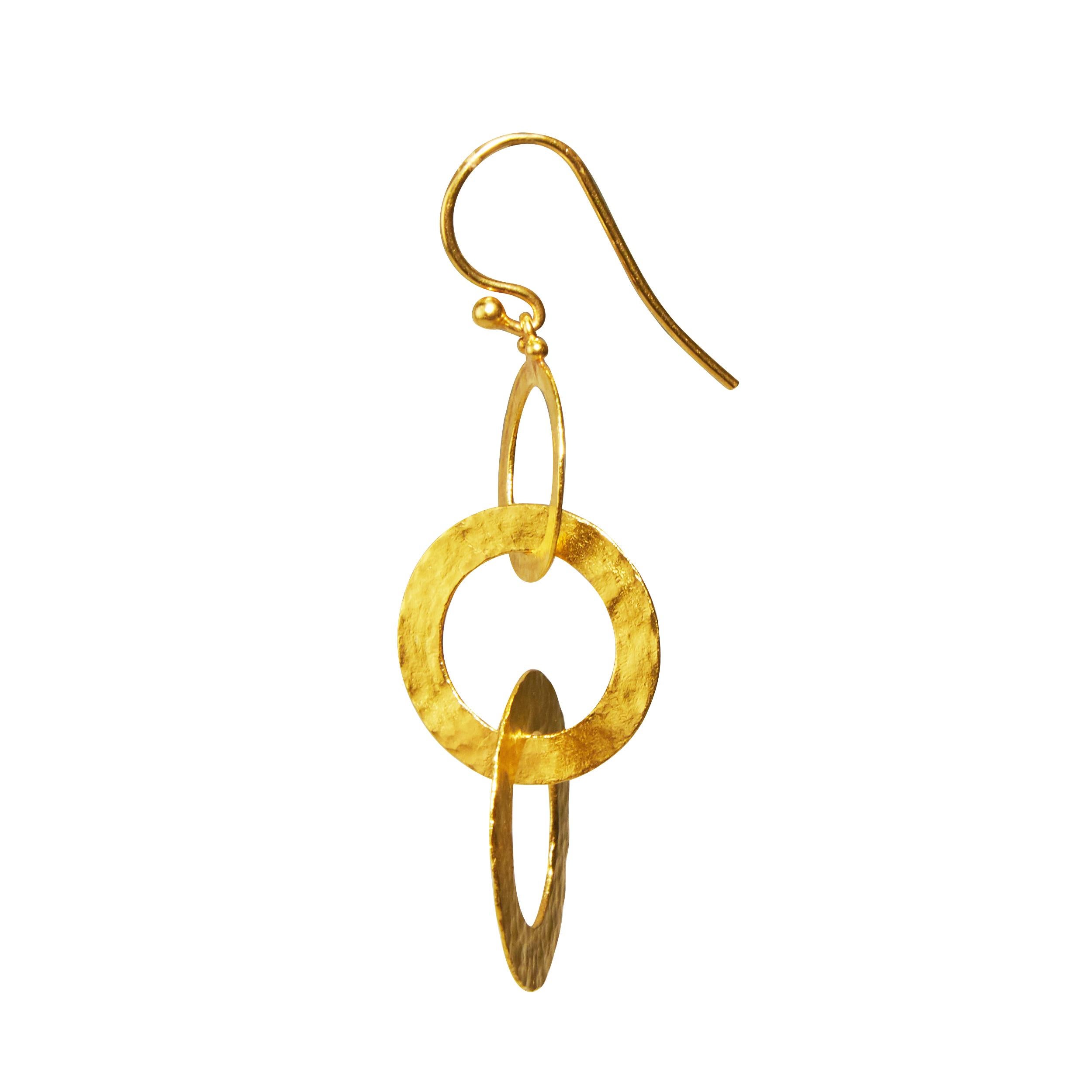 GURHAN 24 Karat hammered yellow gold triple drop Mango round link earrings. 2