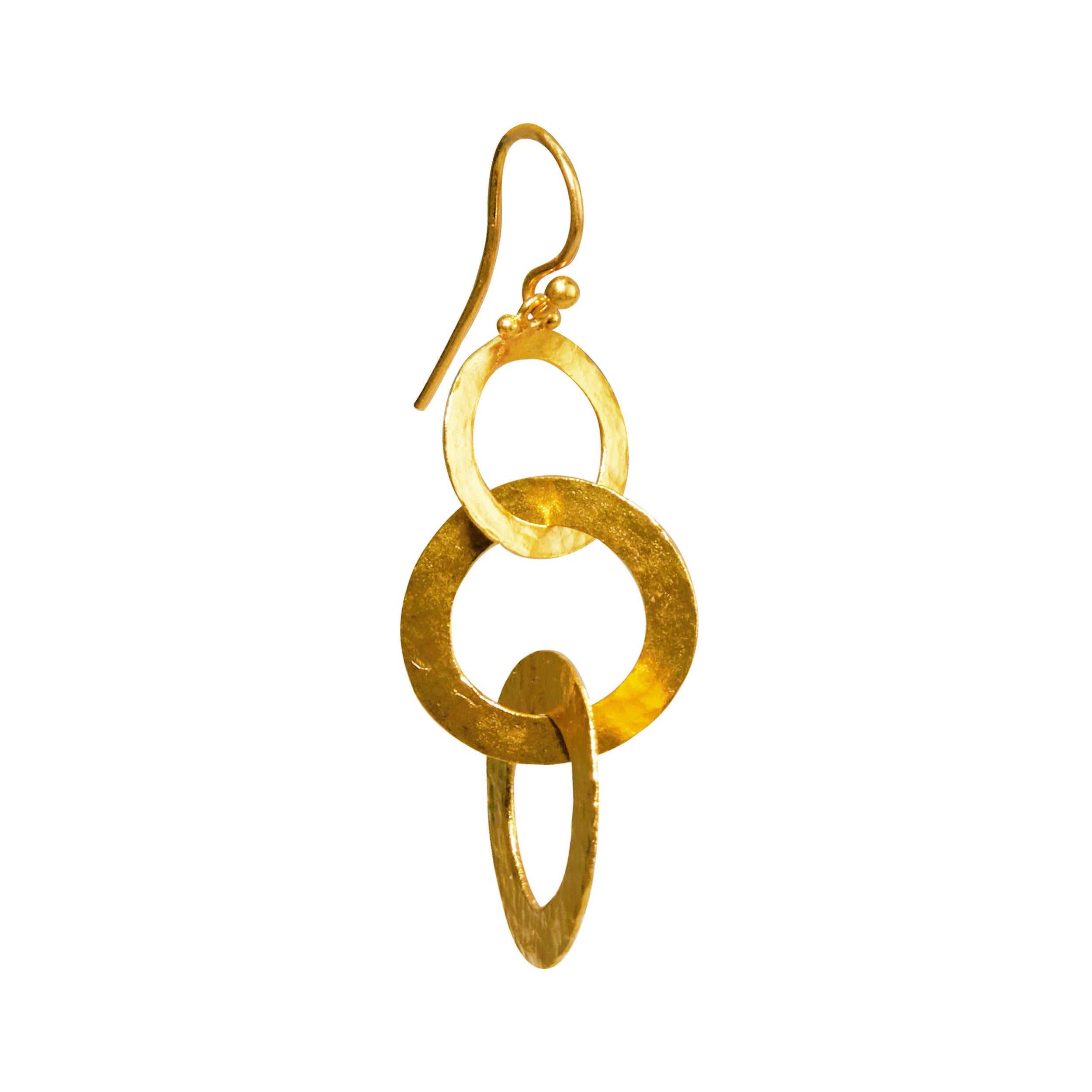 Contemporary GURHAN 24 Karat Hammered Yellow Gold Triple Round Link Dangle Earrings For Sale