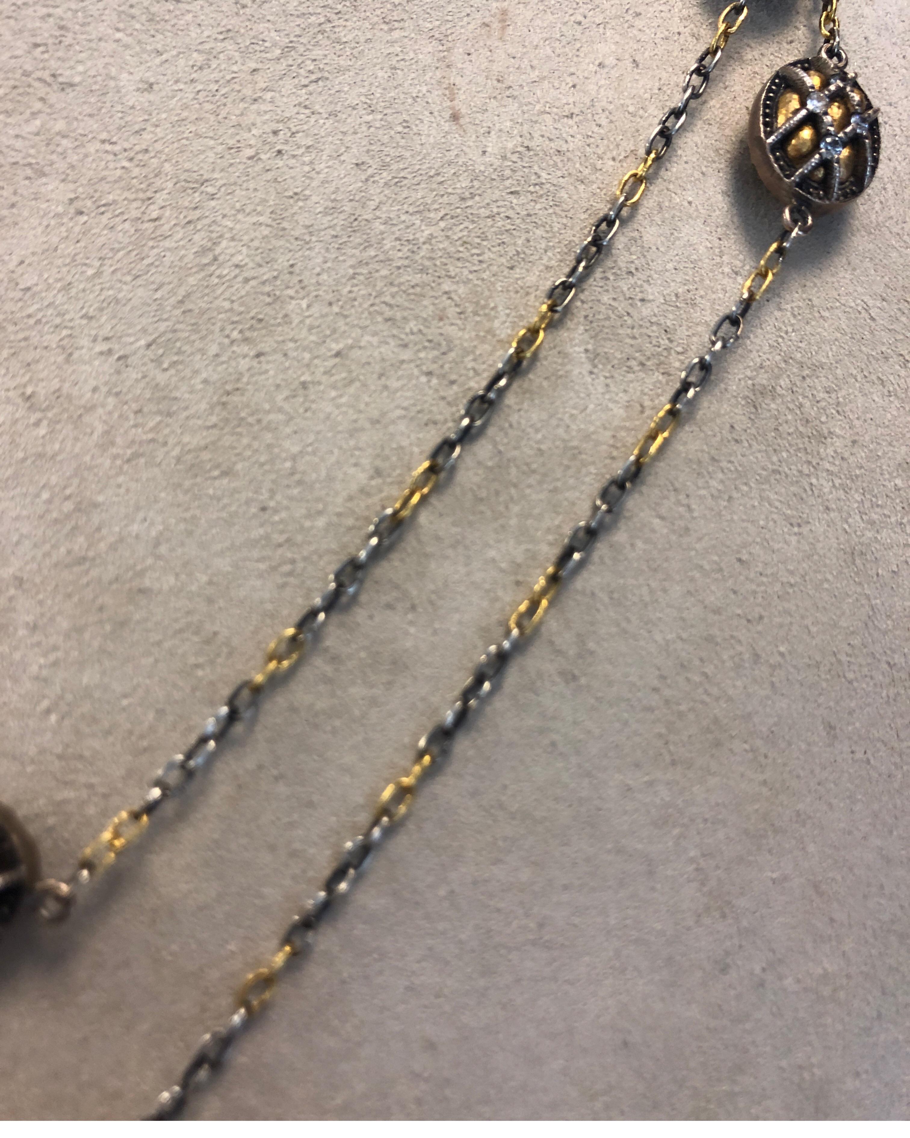 Taille ronde Gurhan Collier à longue chaîne en or jaune 24 carats et argent avec diamants en vente