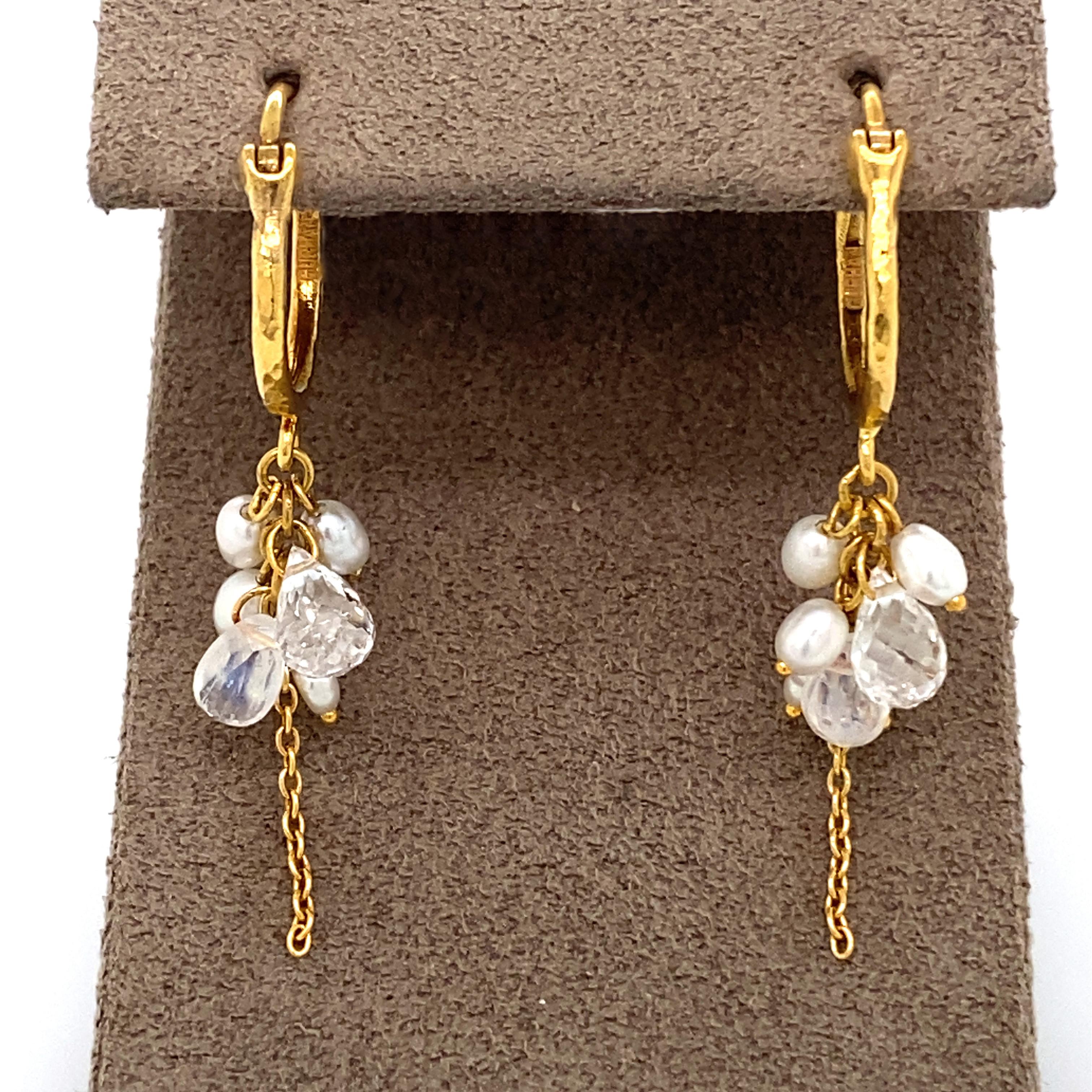 24kt yellow gold dew pearl drop earrings, cluster of keshi pearls, moonstone, and white topaz briolettes, 1.56ct total weight. Huggie hoop top.