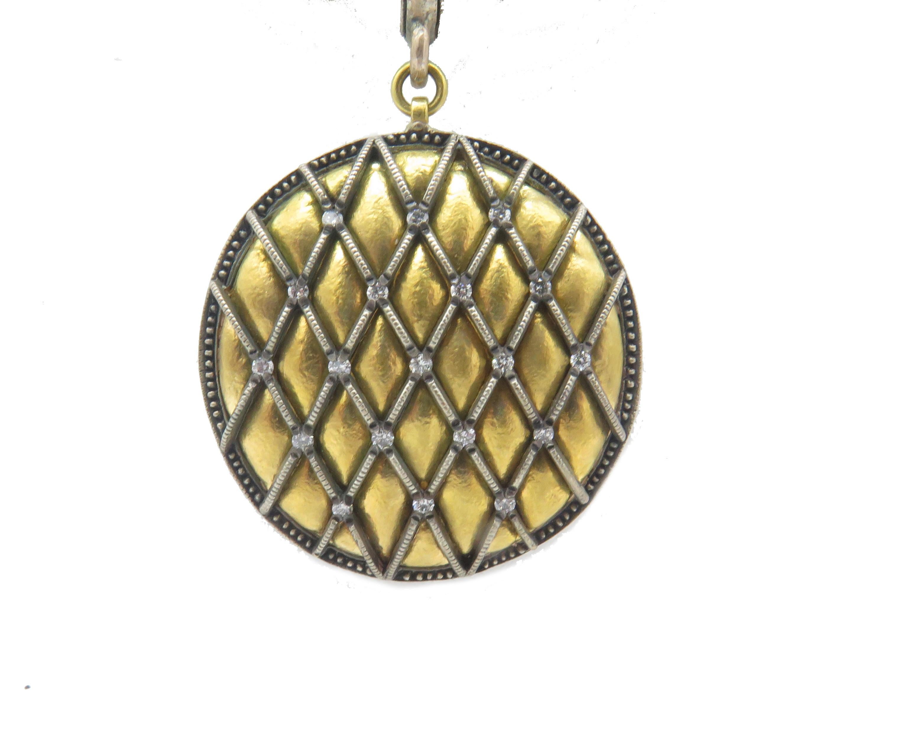 A, beautiful 24K & Silver Diamond necklace by Gurhan, this listing is for the necklace but you can buy this as a suite with the pair of earrings. This is a beautiful necklace with a beautiful quilted web pear shape design. The, necklace is approx