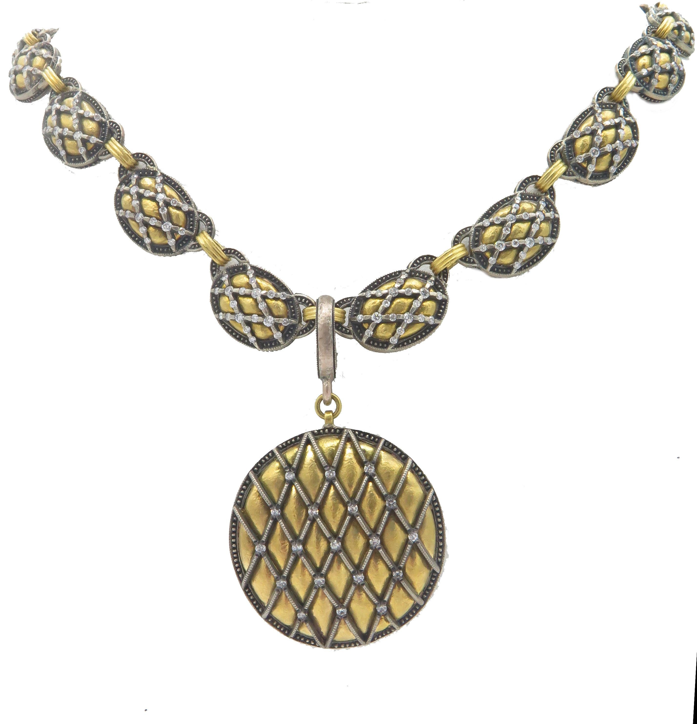 Taille ronde Gurhan Collier en or jaune 24 carats et argent avec diamants en vente
