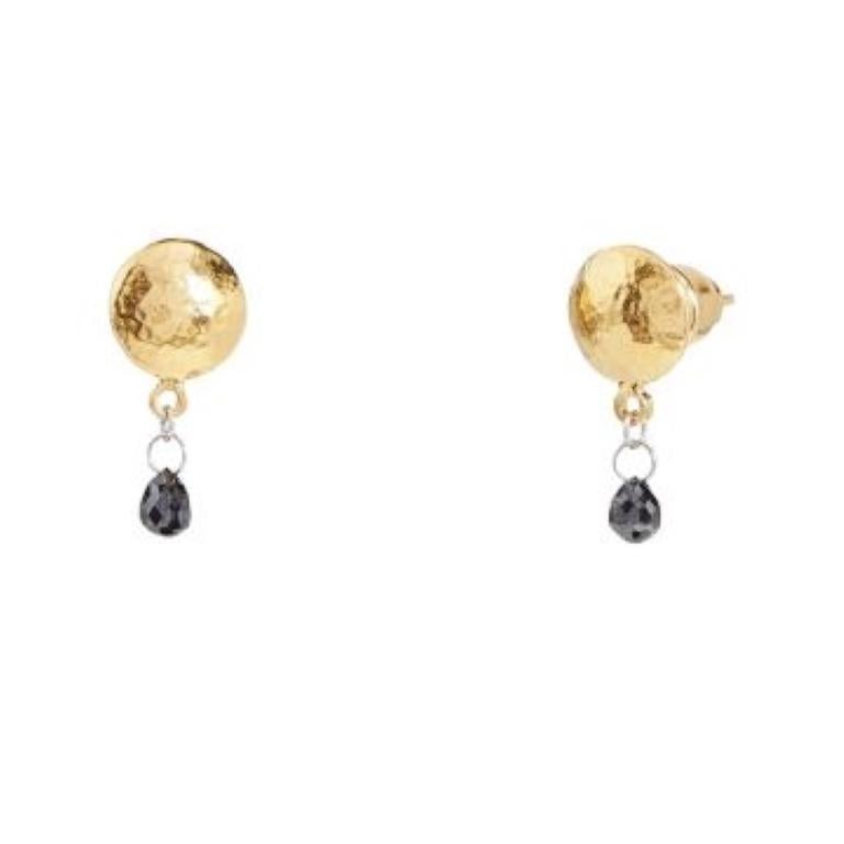 24kt gold Gurhan spell button drop earring with 0.70ctw black diamond briolettes. Post back.
