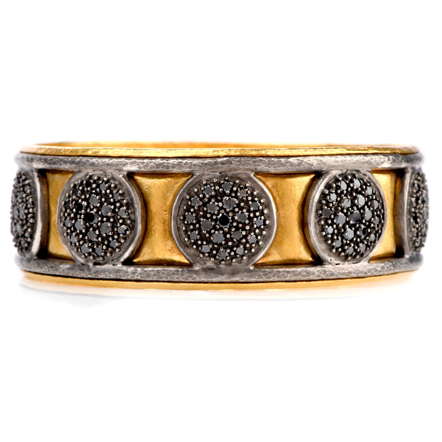 An incredible wide hand hammered finished bangle bracelet by Gurhan bearing a repeating

circular motif around and crafted in Pure 24K gold and some Silver.

Featuring 10 circular discs with approx. 190 black round faceted 

diamonds prong set. 