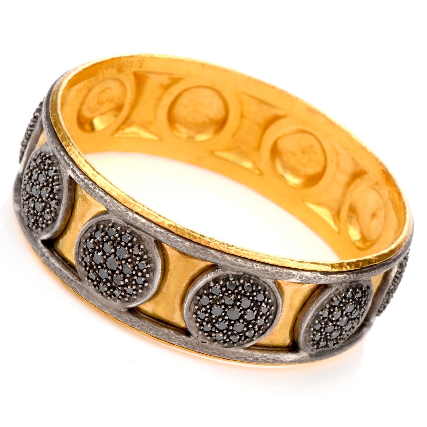 Art Nouveau Gurhan Black Diamond 24 Karat Gold Silver Wide Bangle Bracelet