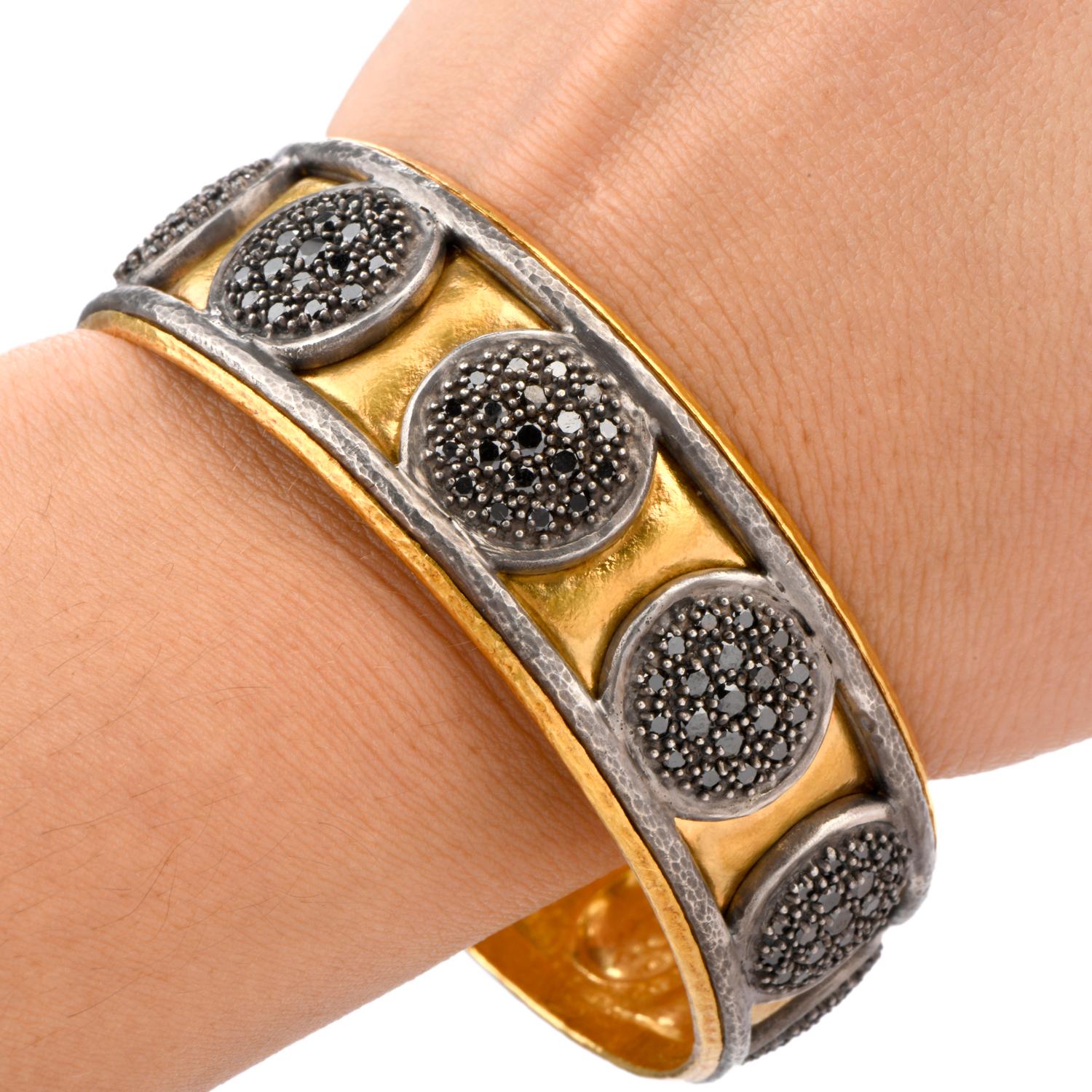 Gurhan Black Diamond 24 Karat Gold Silver Wide Bangle Bracelet In Excellent Condition In Miami, FL