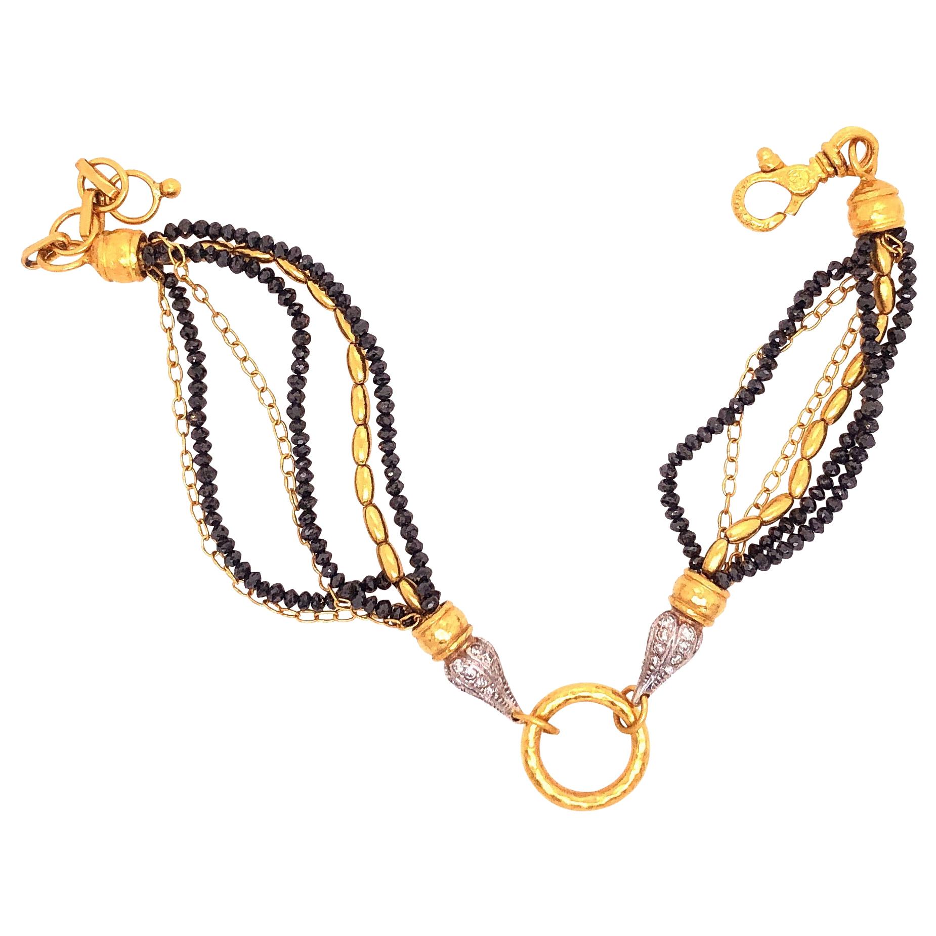 Gurhan Black Diamond Yellow Gold Multi Strand Bracelet with White Diamonds