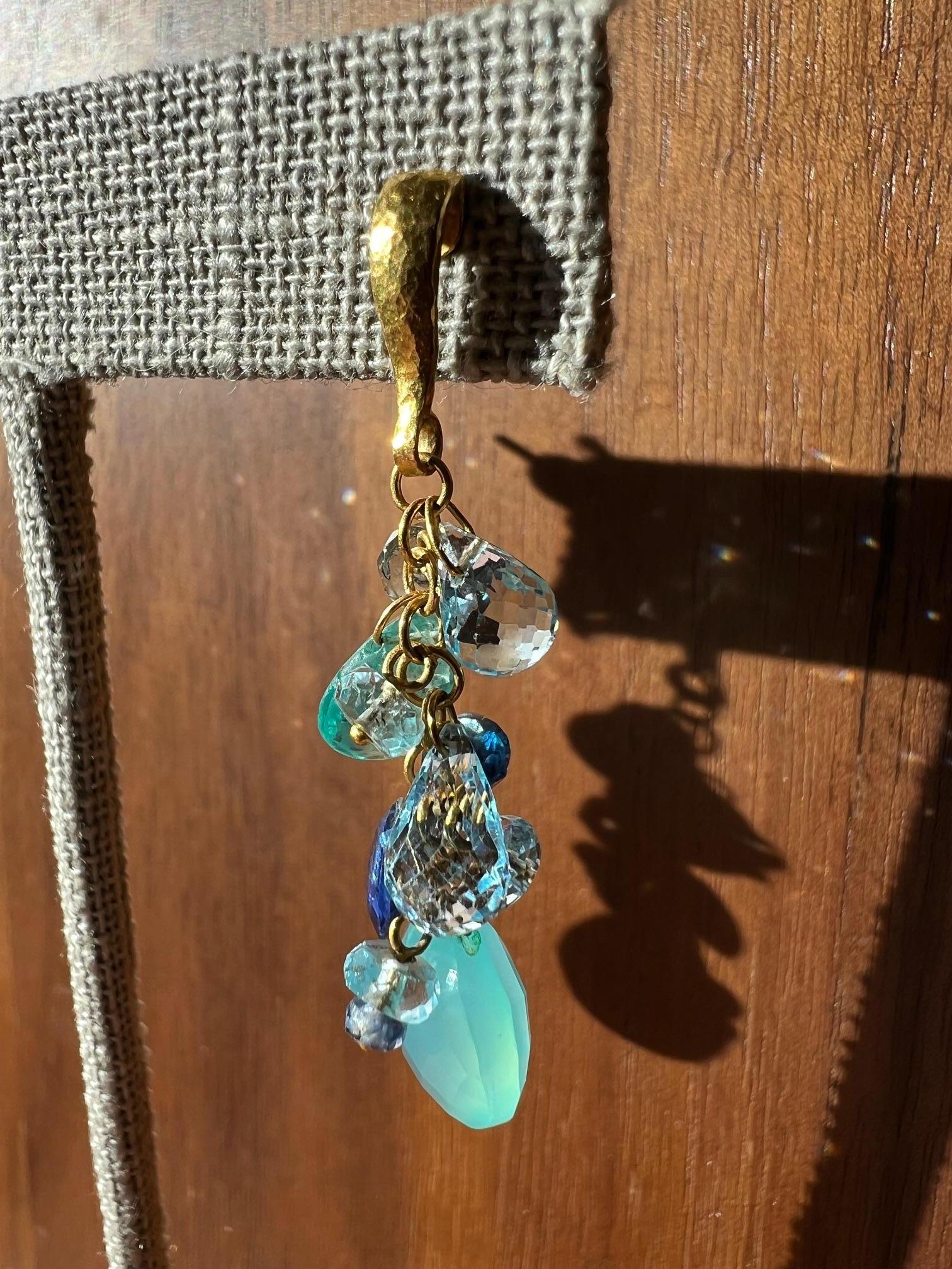 Artisan Gurhan Blue Sapphire And Aquamarine 24ky Gold Multi Gemstone Dangle Earrings For Sale
