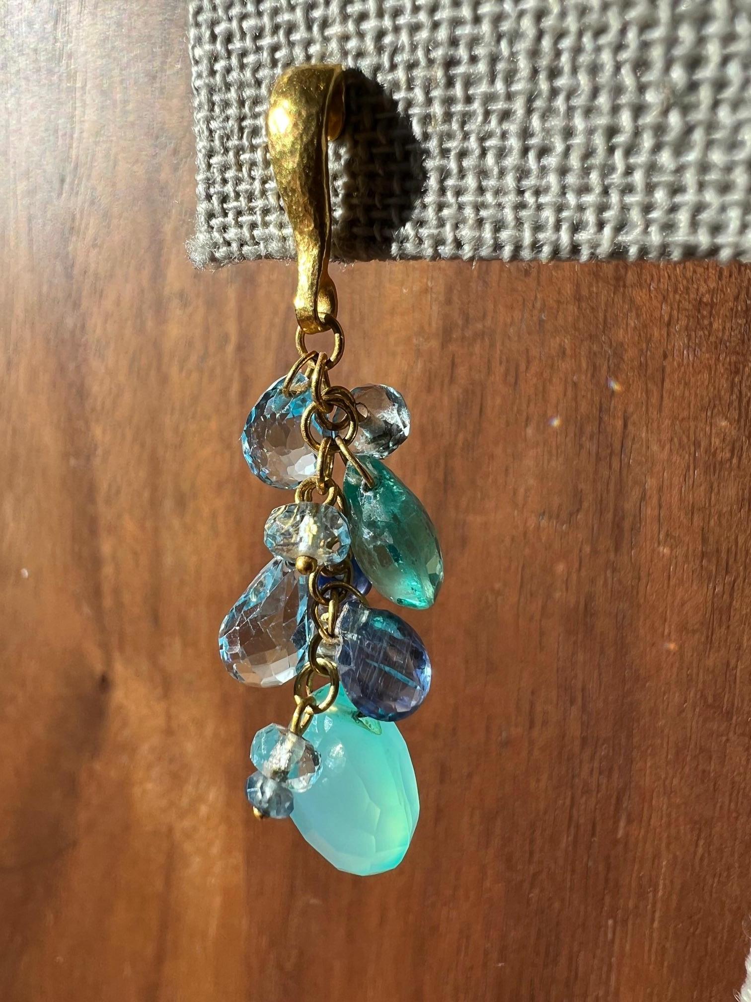 Briolette Cut Gurhan Blue Sapphire And Aquamarine 24ky Gold Multi Gemstone Dangle Earrings For Sale