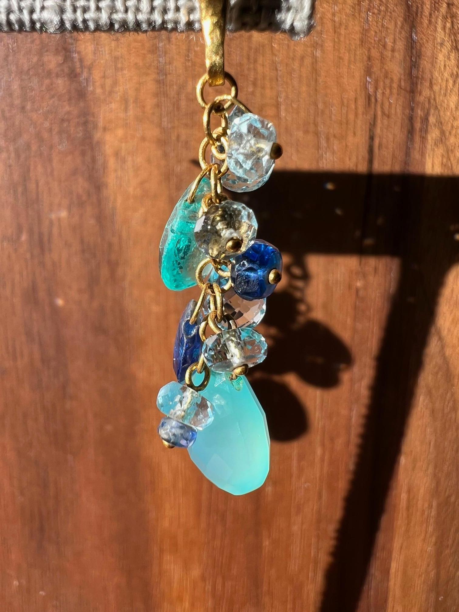 Gurhan Blue Sapphire And Aquamarine 24ky Gold Multi Gemstone Dangle Earrings In Excellent Condition For Sale In Boulder, CO