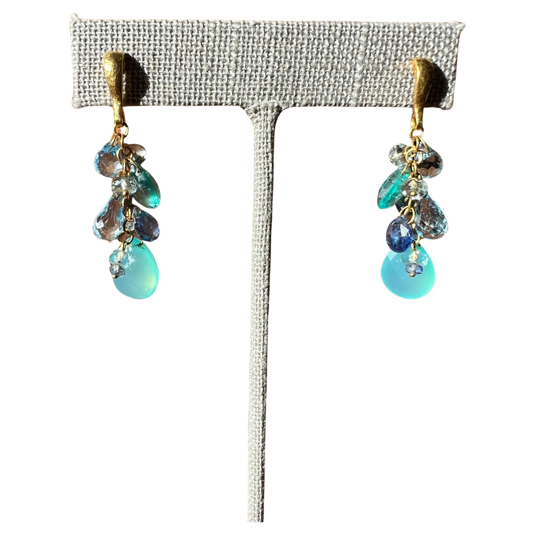 Gurhan Blue Sapphire And Aquamarine 24ky Gold Multi Gemstone Dangle Earrings