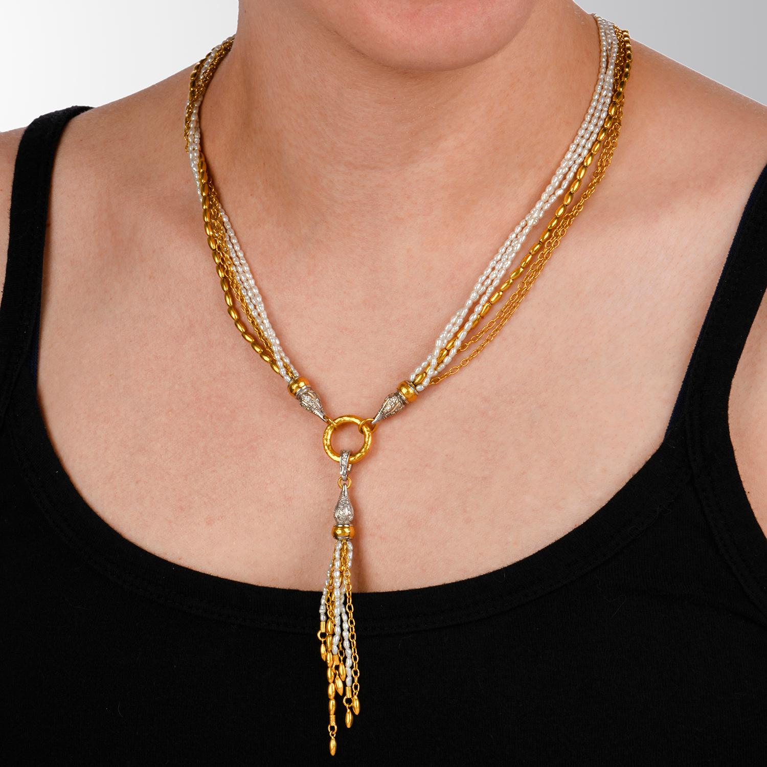 Gurhan Designer Multi Strand Pearl Gold Tassel Necklace im Zustand „Hervorragend“ in Miami, FL