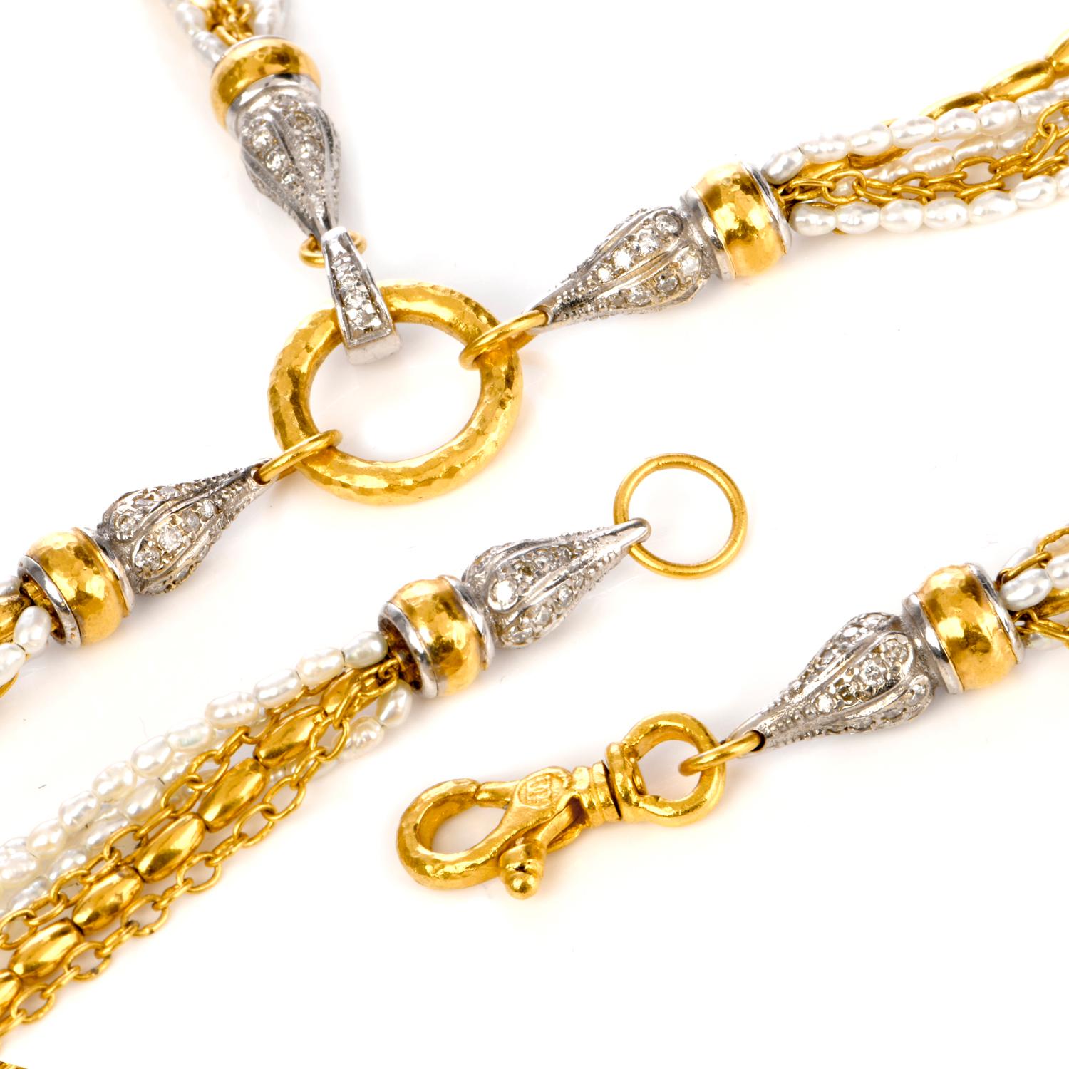Gurhan Designer Multi Strand Pearl Gold Tassel Necklace In Excellent Condition In Miami, FL