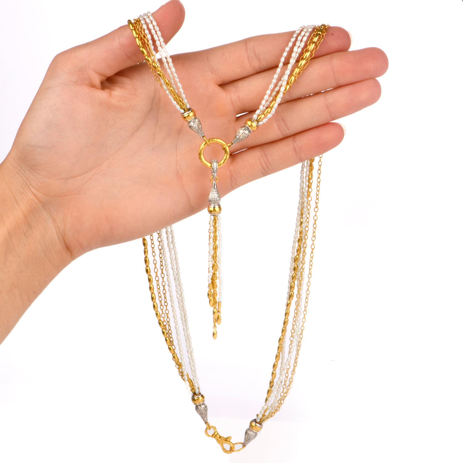 Women's or Men's Gurhan Designer Multi Strand Pearl Gold Tassel Necklace