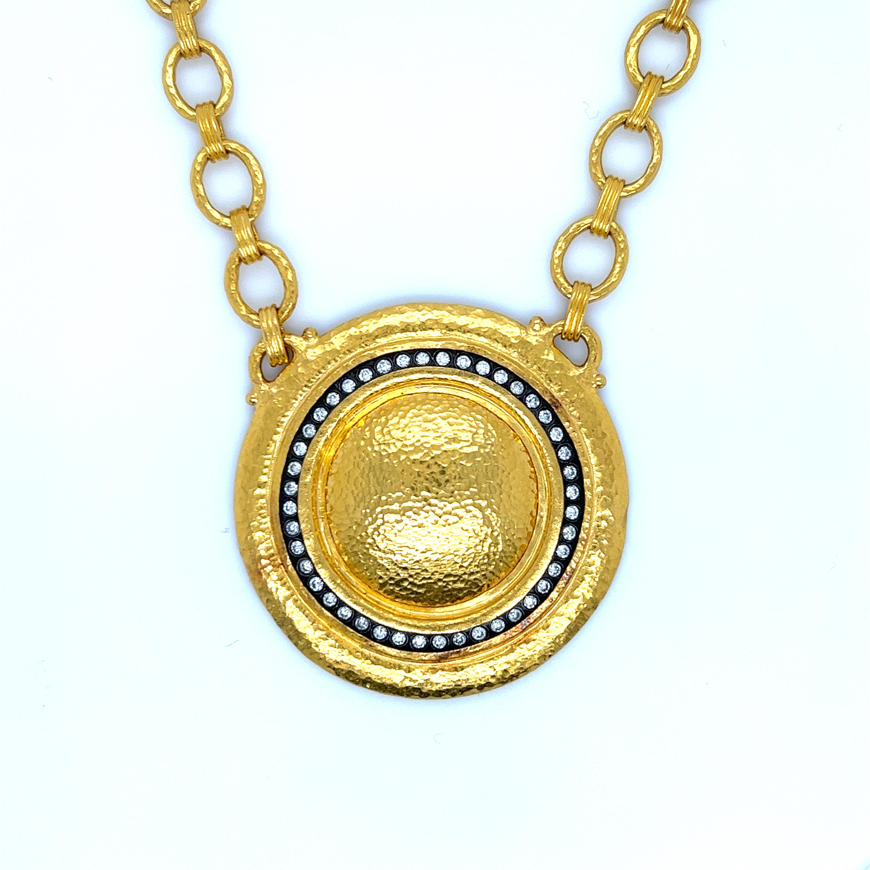 Beautiful hand crafted necklace by famed designer Gurhan. Gurhan is renowned for pioneering the revival of 24k gold and propelling it into popularity as a metal for contemporary fine jewelry design.
The necklace is very unique as it shows a hammered