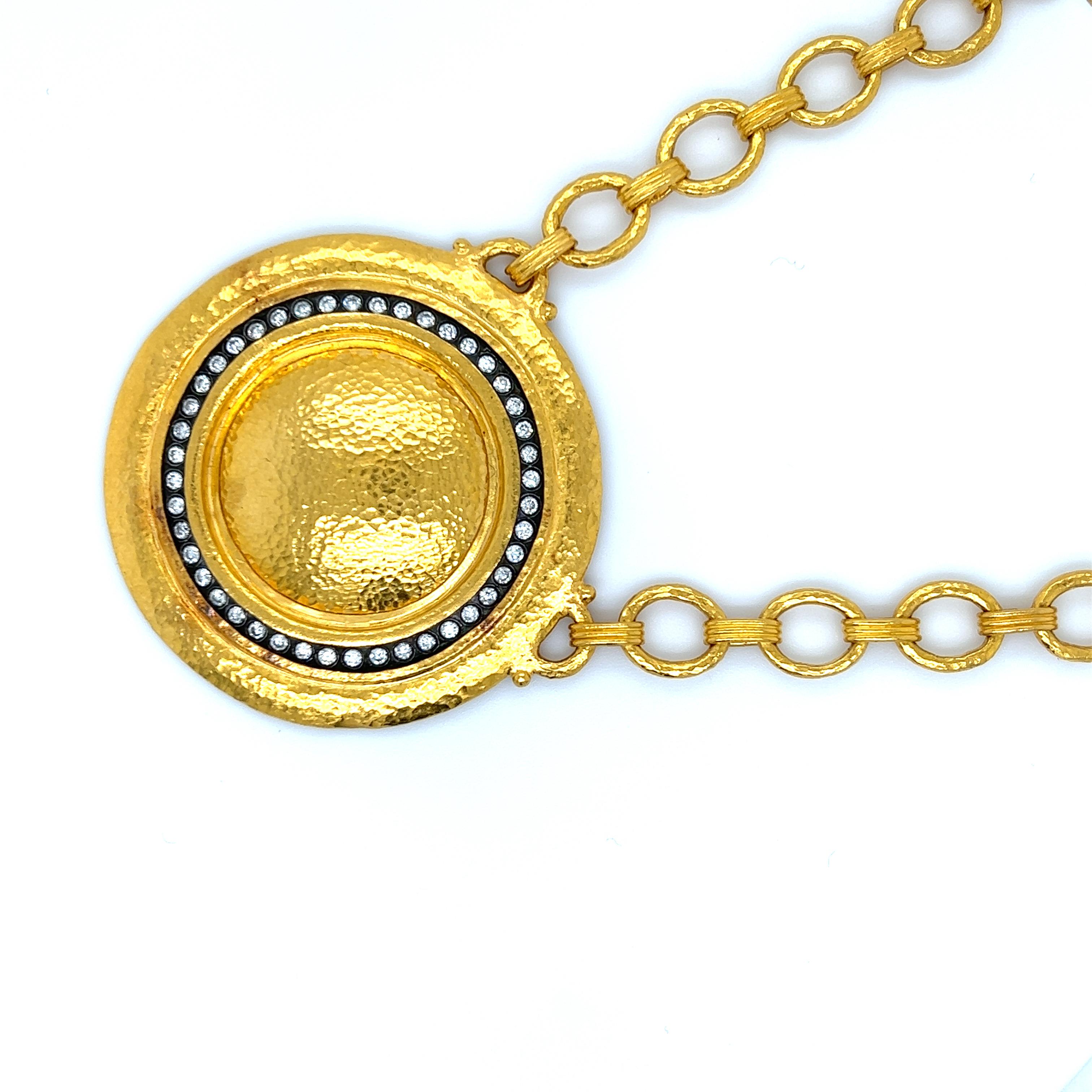 Contemporary Gurhan Diamond Round Medallion Necklace 24 Karat Solid Gold For Sale