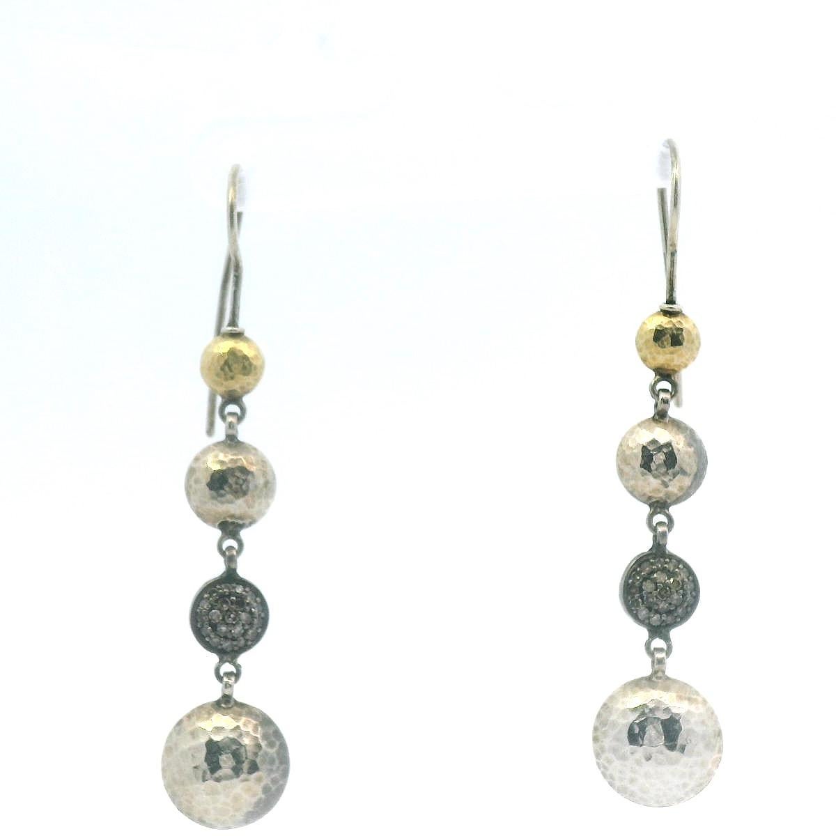 Round Cut Gurhan Diamond, Silver and 24K Yellow Gold Long Lentil Pave Earrings For Sale