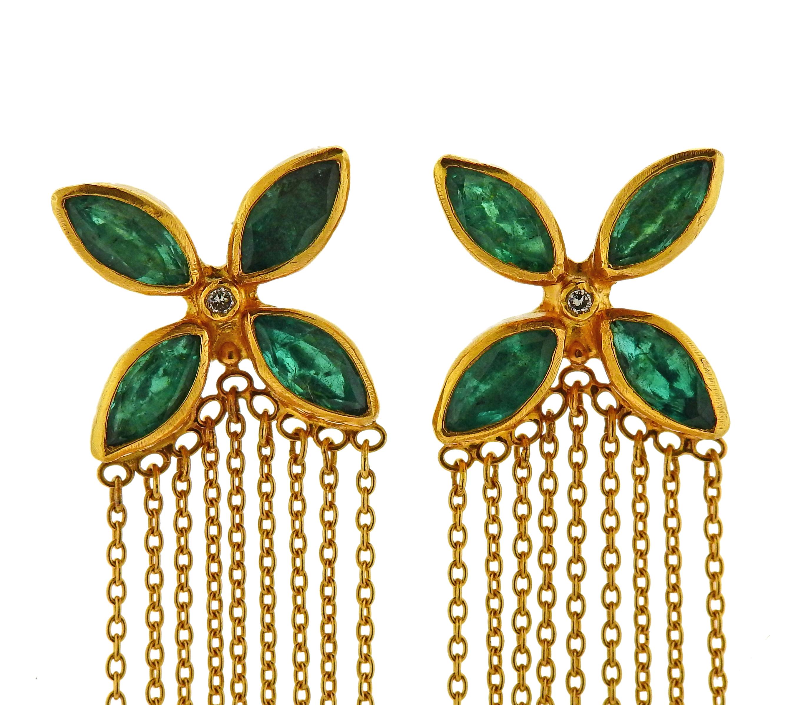 Brand new pair of 24k Gold long drop tassel earrings by Gurhan, set with emeralds and diamonds in the center. Retail $5100. Earrings measure 60mm long x 15mm wide. Weight is 11.2 grams. Marked:  0.990H, Gurhan, Serial number.