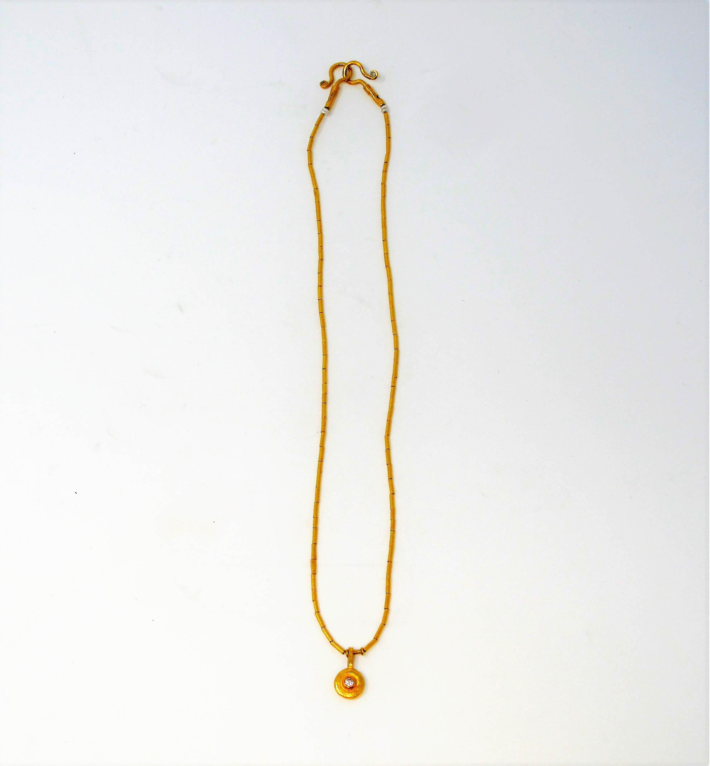 Gurhan Hammered 24 Karat Gold Rain Diamond Solitaire Pendant Necklace 2