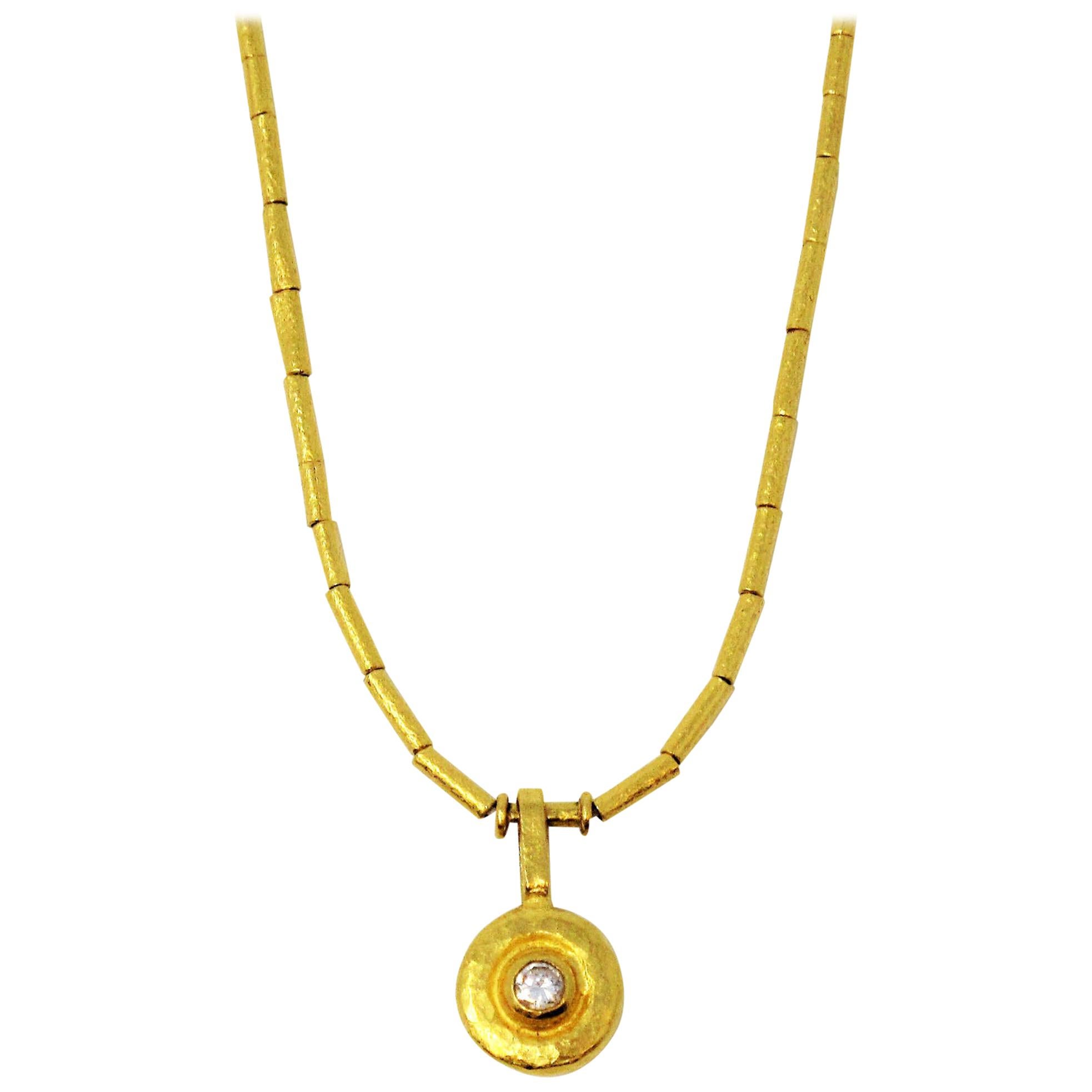 Gurhan Hammered 24 Karat Gold Rain Diamond Solitaire Pendant Necklace