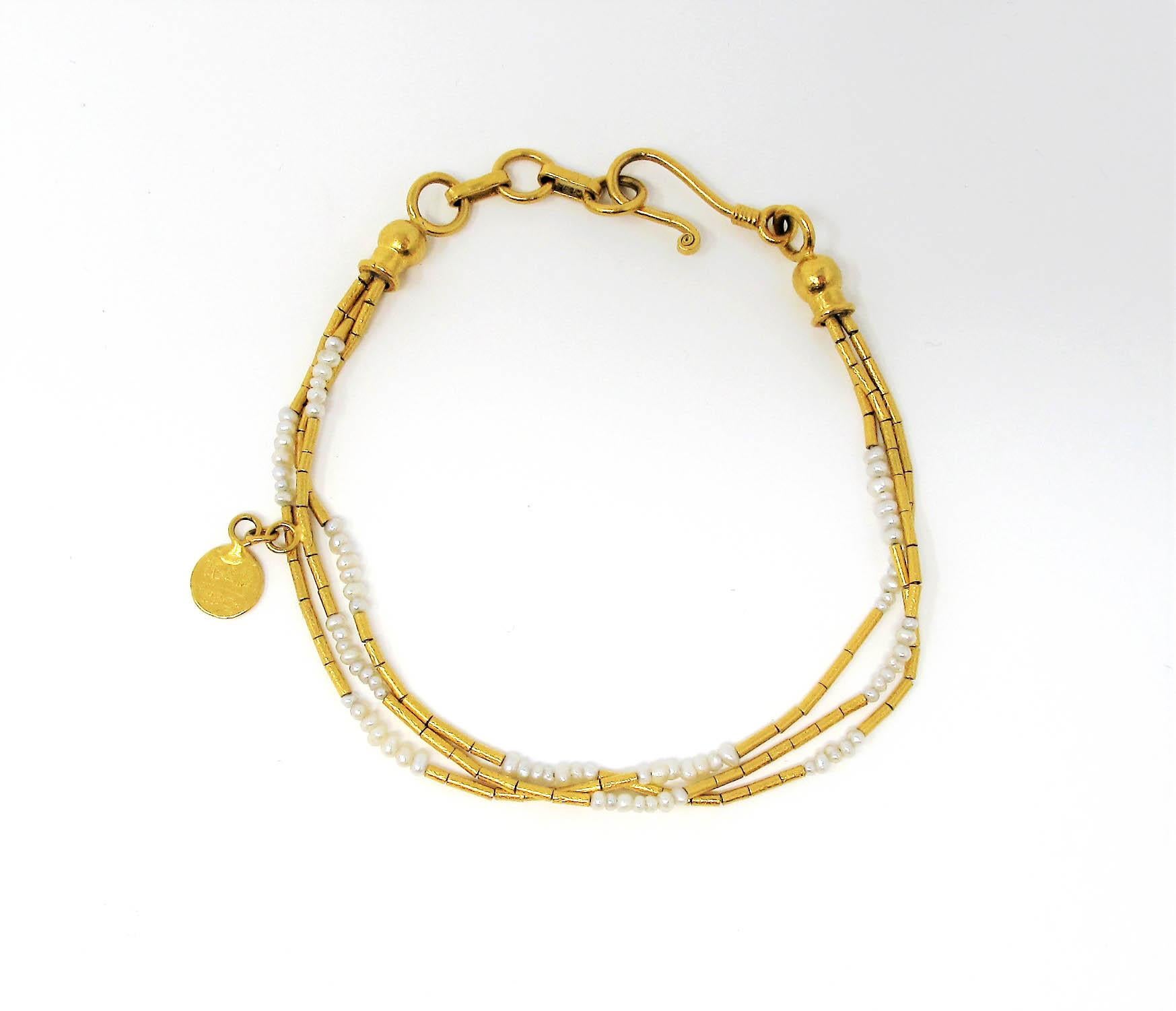 Women's Gurhan Hammered 24 Karat Yellow Gold Seed Pearl Multi Strand Station Bracelet