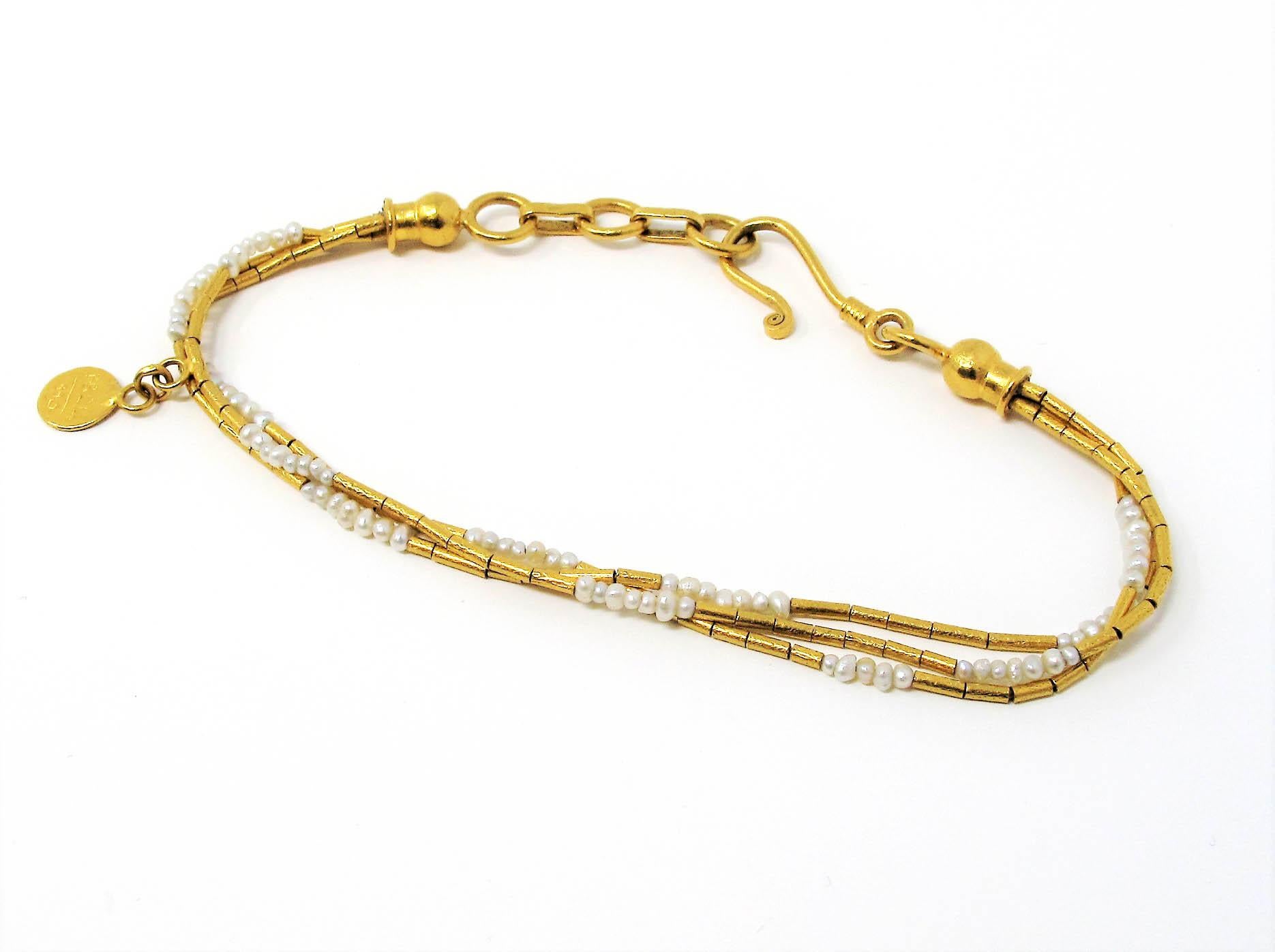Gurhan Hammered 24 Karat Yellow Gold Seed Pearl Multi Strand Station Bracelet 1