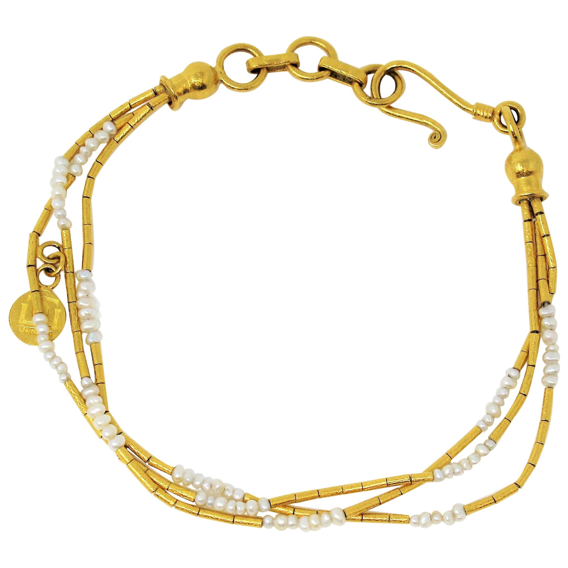 Gurhan Hammered 24 Karat Yellow Gold Seed Pearl Multi Strand Station Bracelet