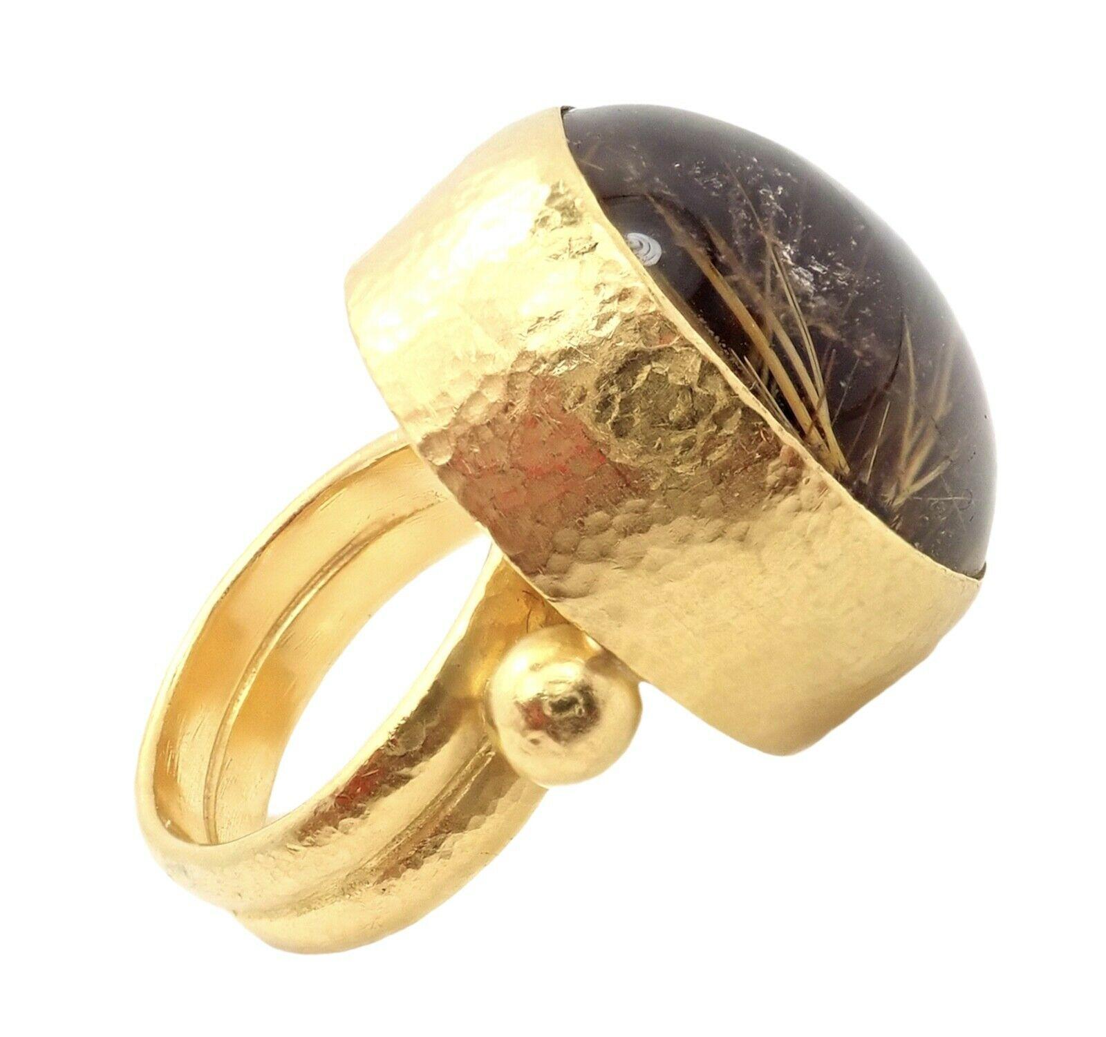 Cabochon Gurhan Hammered Large Rutilated Quartz Yellow Gold Ring For Sale