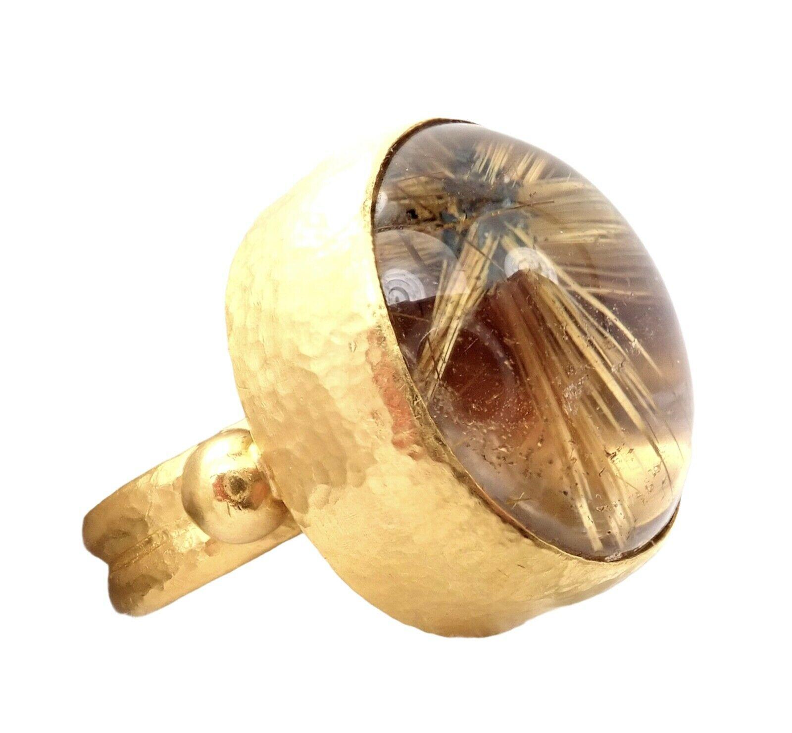 Women's or Men's Gurhan Hammered Large Rutilated Quartz Yellow Gold Ring For Sale
