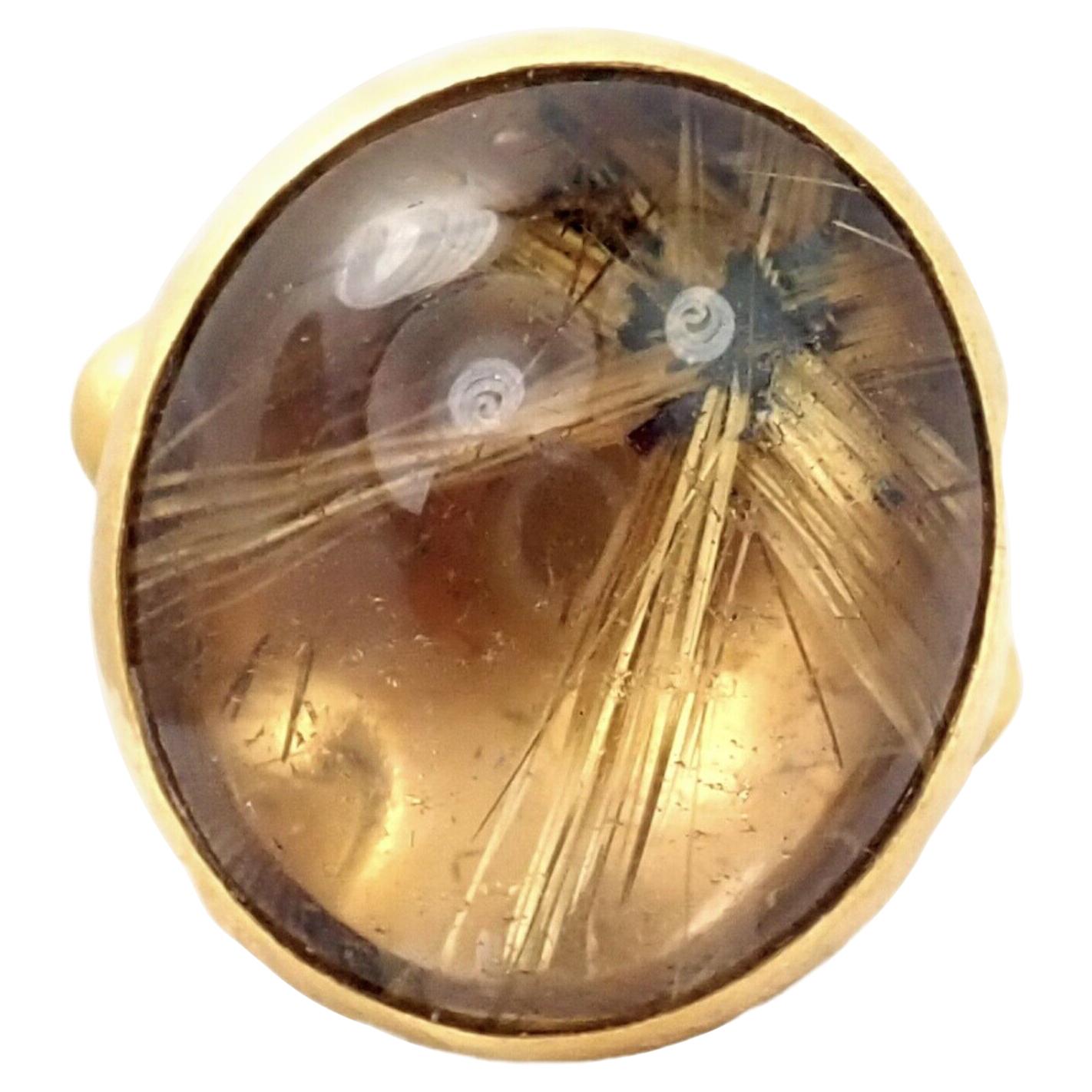 Gurhan Hammered Large Rutilated Quartz Yellow Gold Ring For Sale