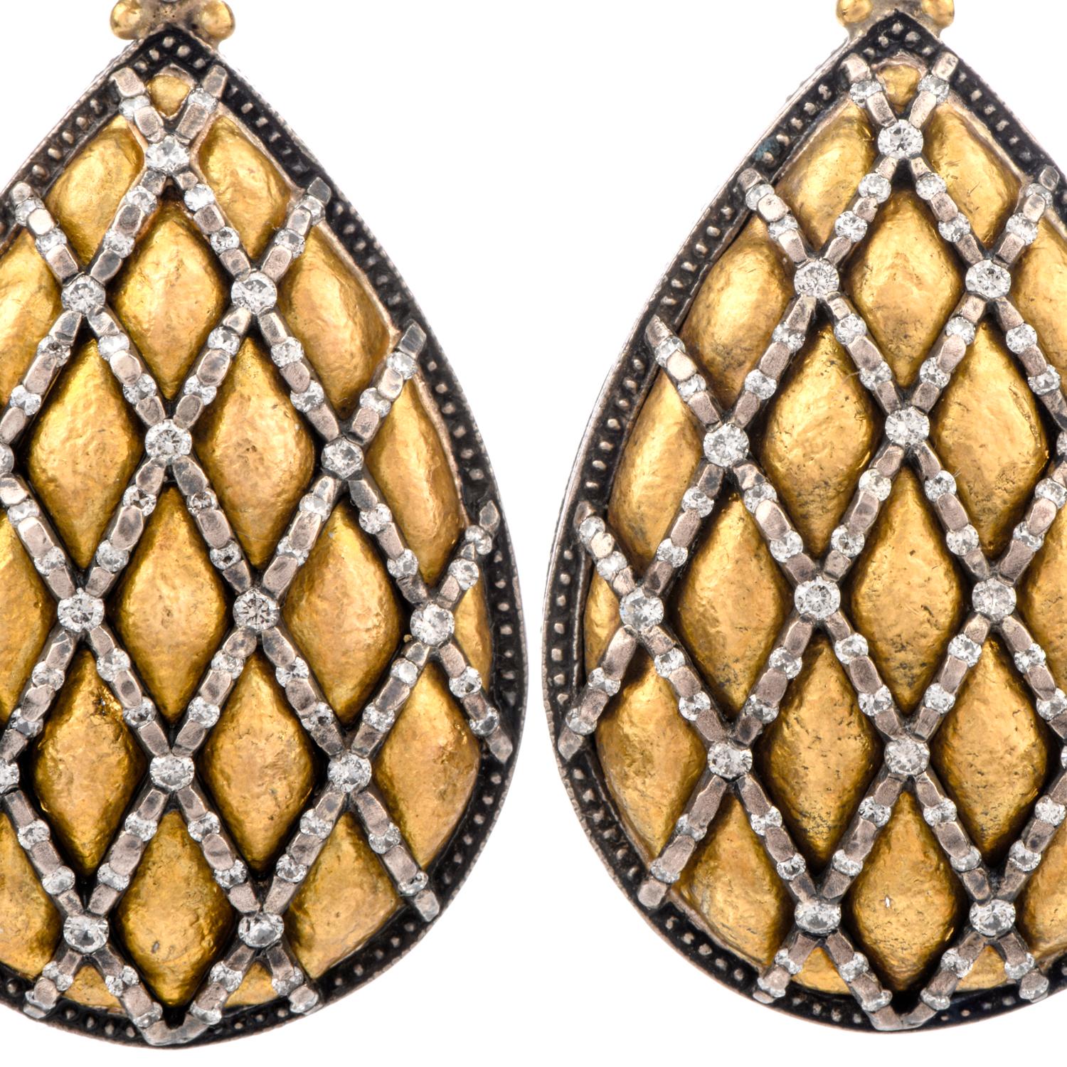 These beautiful Gurhan Designer earrings were inspired in a quilted paer shaped

motif and crafted in 24 Karat solid gold and some Silver.

Embellishing throughout the quilted pattern are round brilliant

cut diamonds collectively weighing approx.