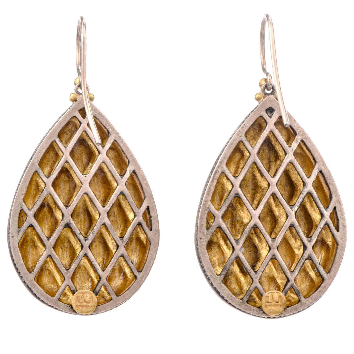 Art Nouveau Gurhan Hand Hammered 24 Karat Gold Silver Diamond Dangle Drop Earrings
