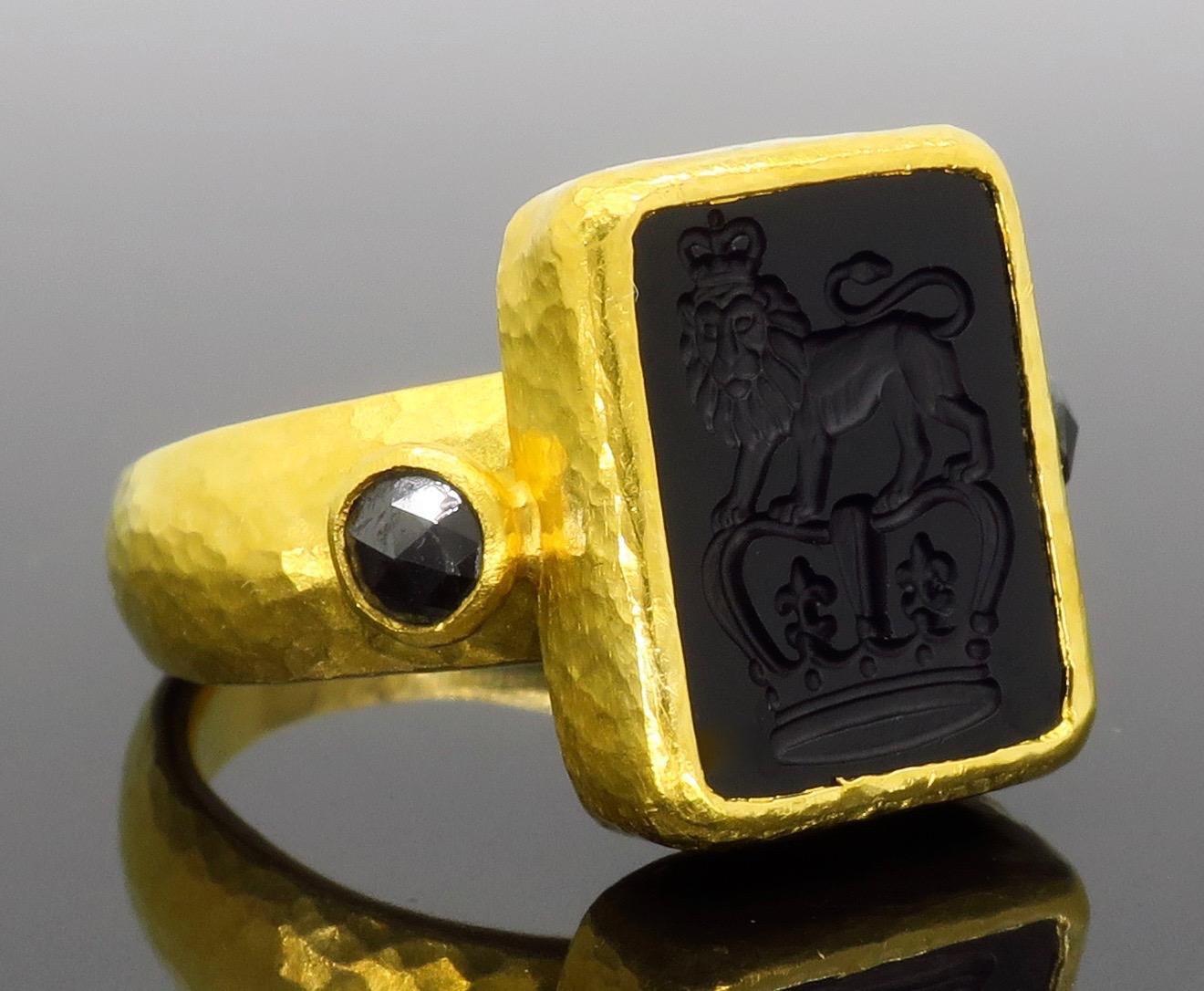 Women's or Men's Gurhan Intaglio Carved Onyx & Black Diamond Ring  For Sale