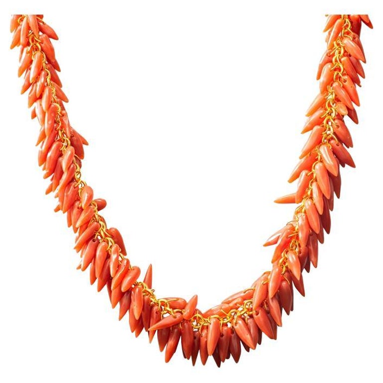 Gurhan Natural Coral Draped Beaded Necklace with 18 Karat Yellow Gold  For Sale