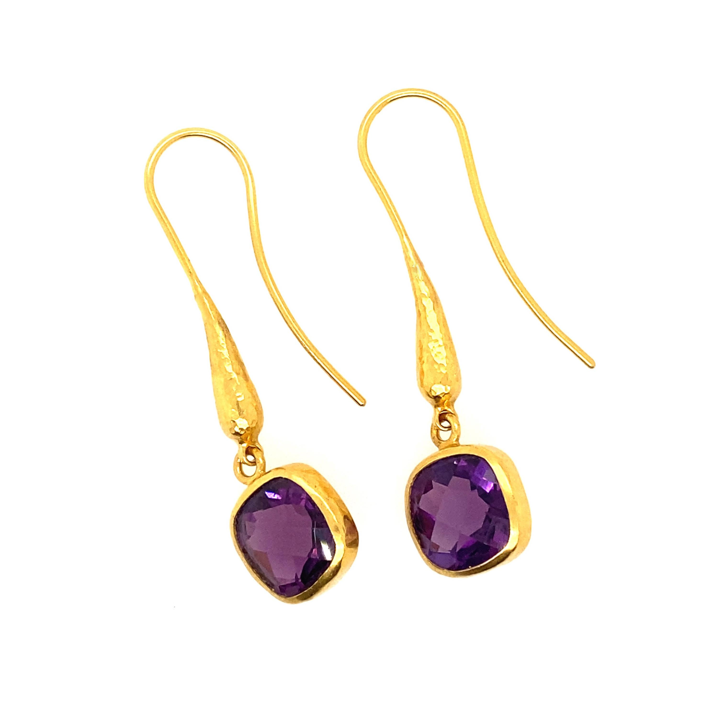 One-of-a-Kind 24 karat gold drop earrings, from the Prism Collection, featuring 10mm cushion faceted Amethysts. 7.88 carat total weight. 1.65 inches long.
