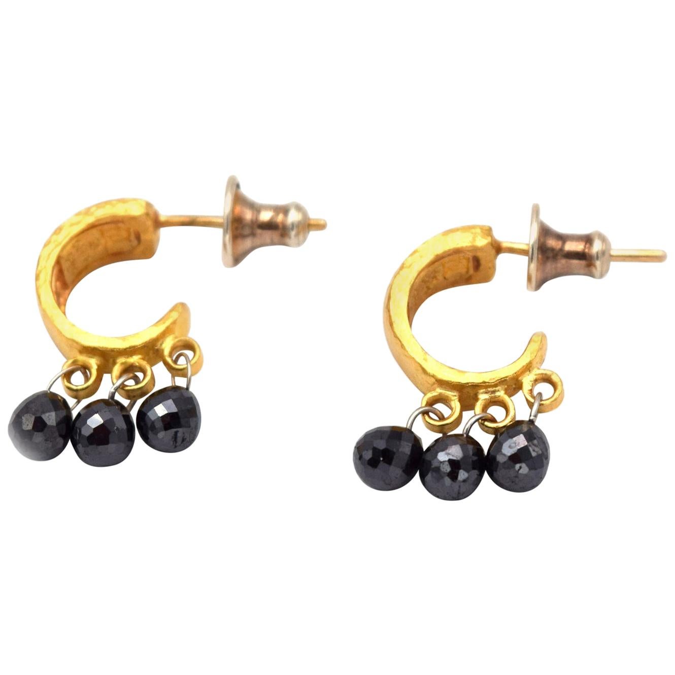 Gurhan One of a Kind Black Diamond Earrings in 24 Karat Yellow Gold For Sale