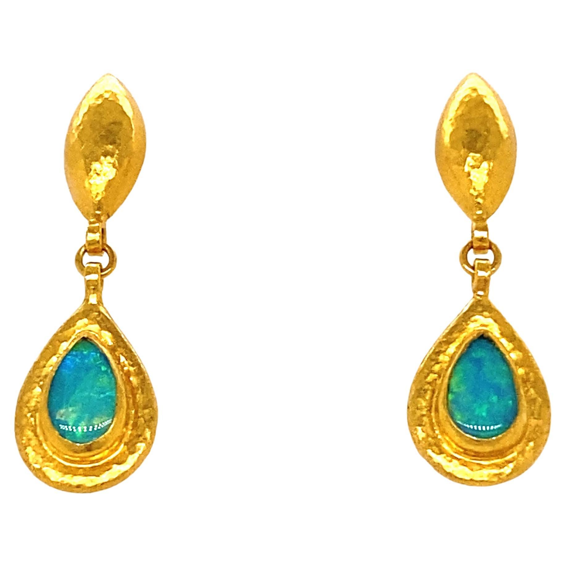 GURHAN 24 Karat Hammered Yellow Gold and Australian Opal Teardrop