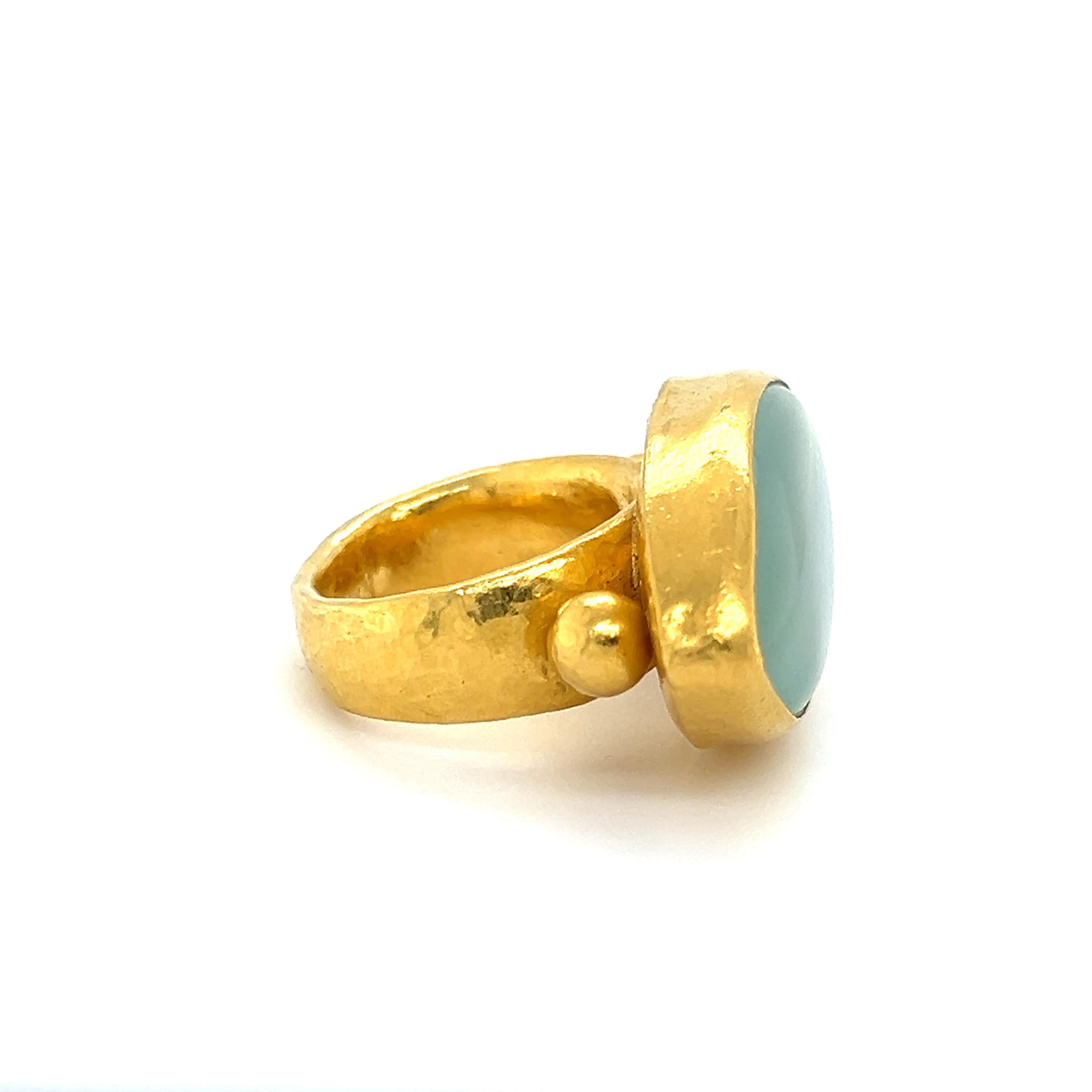 Renaissance Gurhan Pandora 24k Yellow Gold Marquise Shaped Green Chalcedony Gemstone Ring For Sale