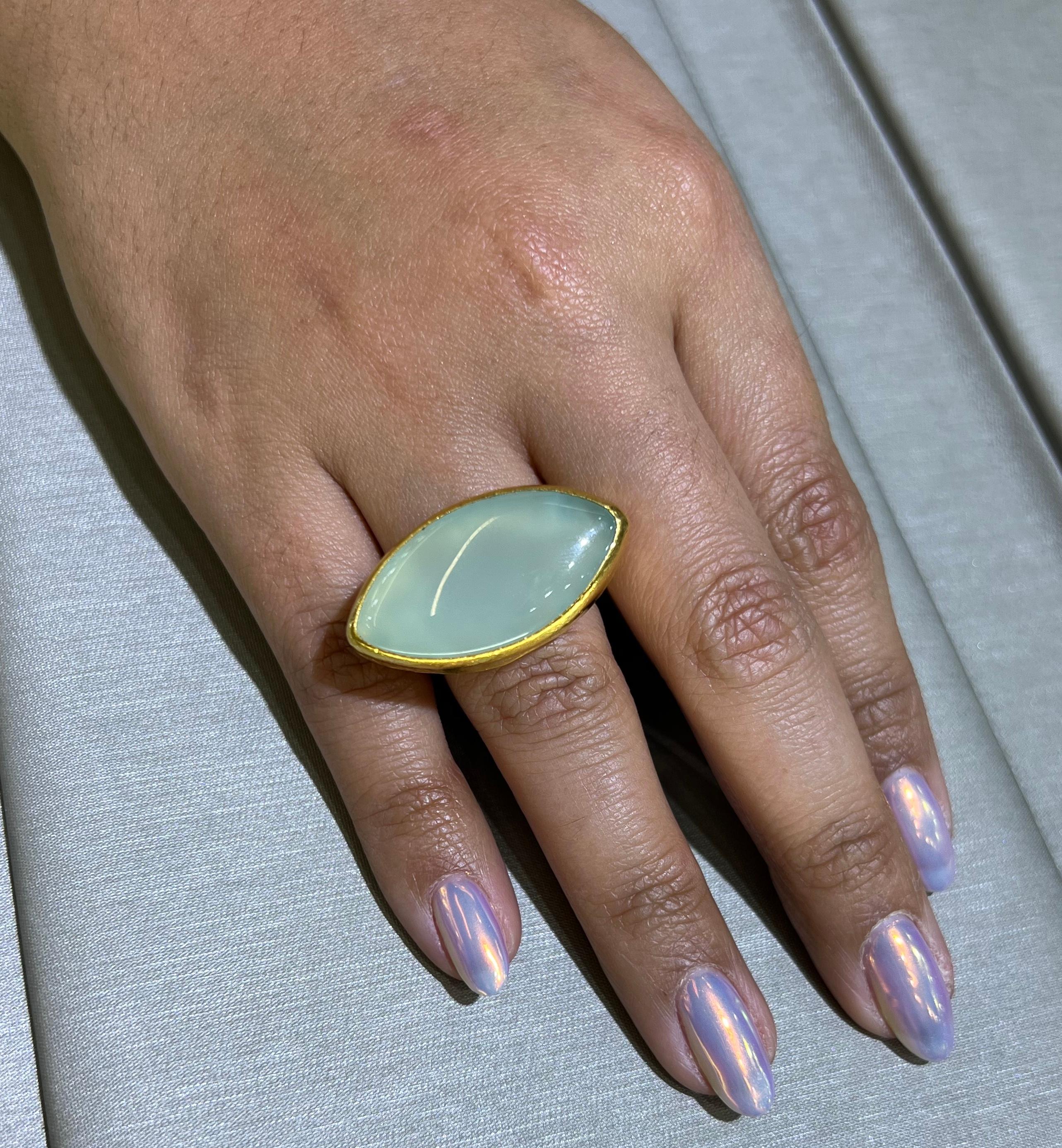 Marquise Cut Gurhan Pandora 24k Yellow Gold Marquise Shaped Green Chalcedony Gemstone Ring For Sale