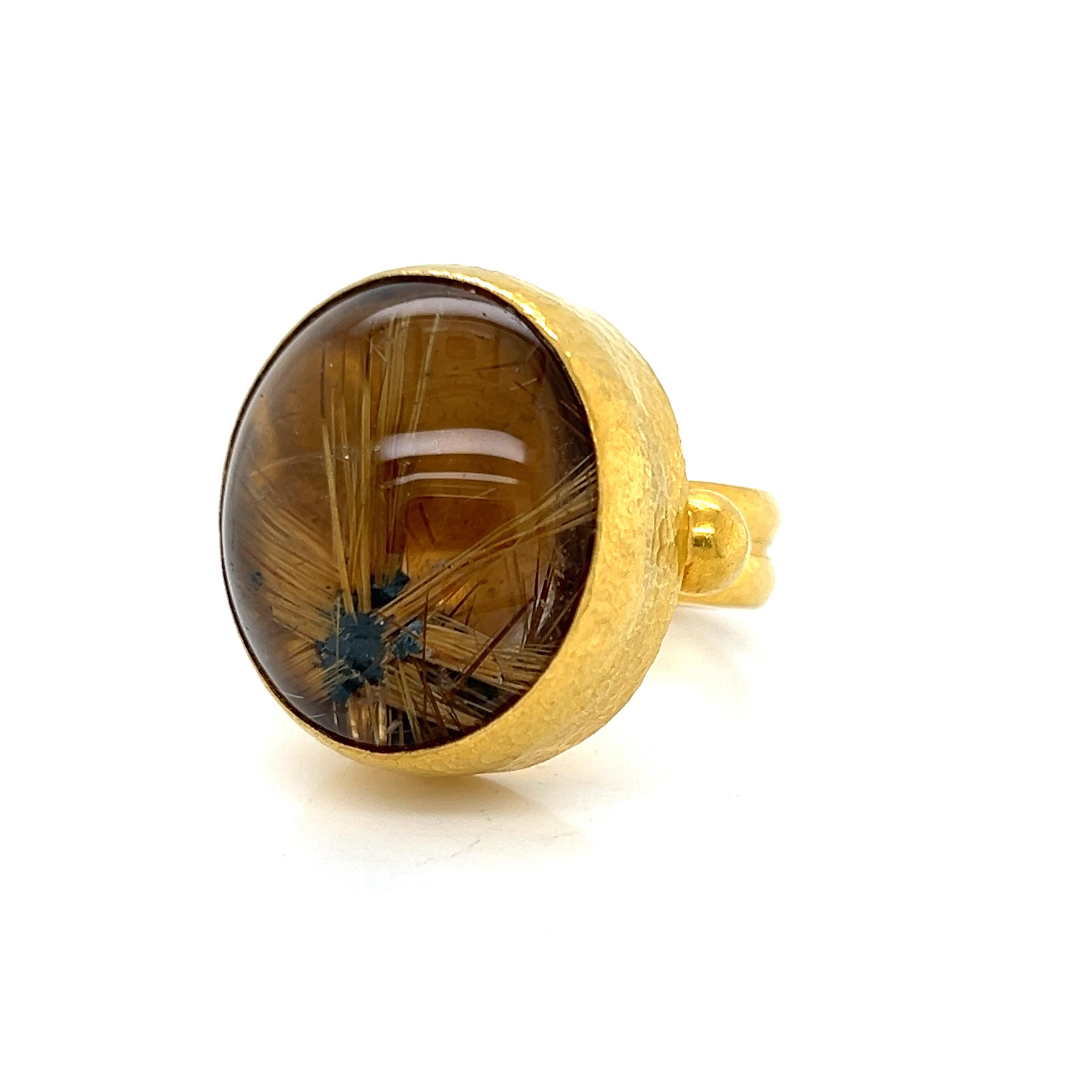 Donna Anello cocktail con pietra d'oro Gurhan Rune in oro 24k e quarzo rutilato in vendita